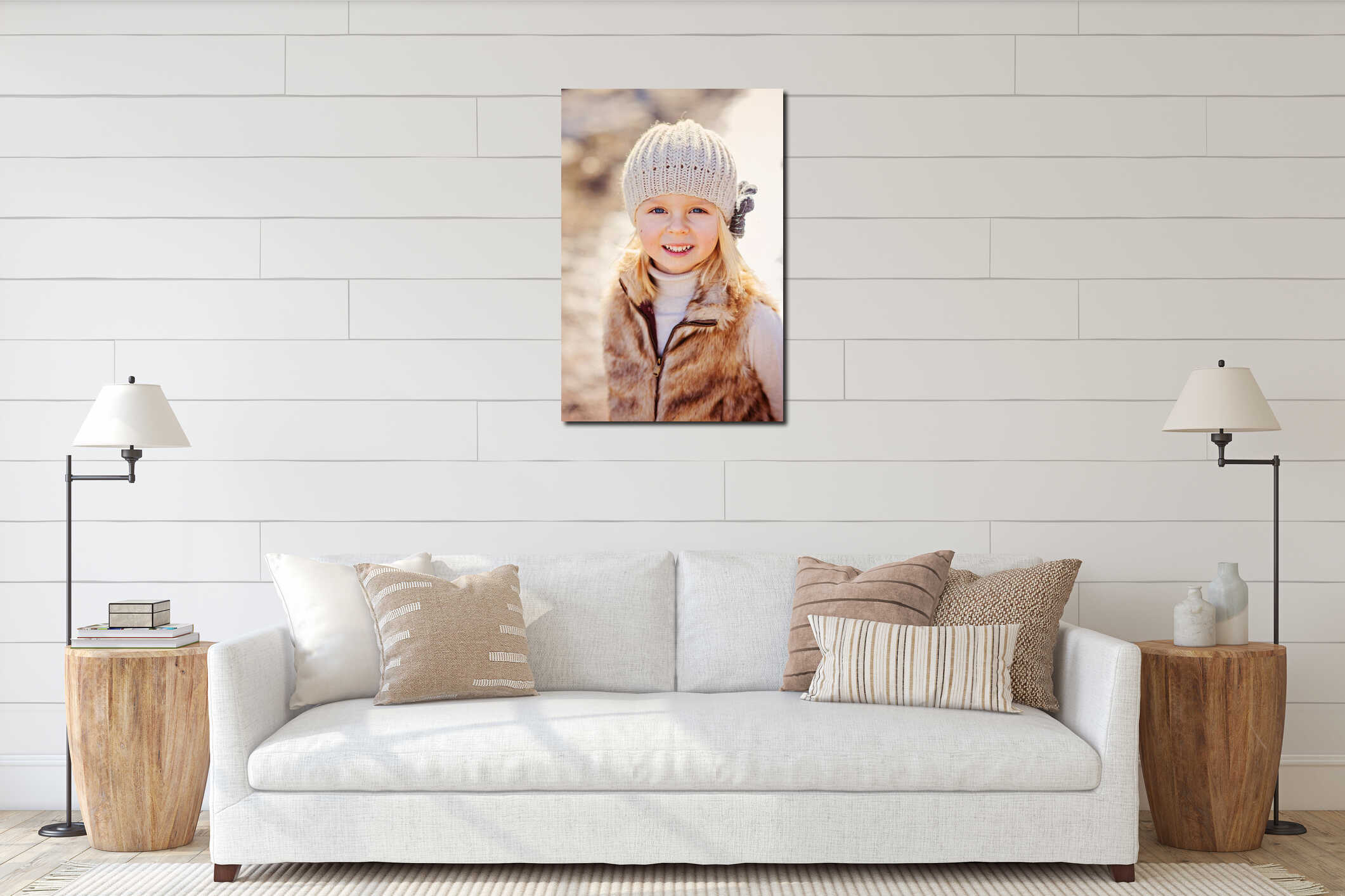 Close up outdoor portrait of beautiful child girl looking at camera interior mockup