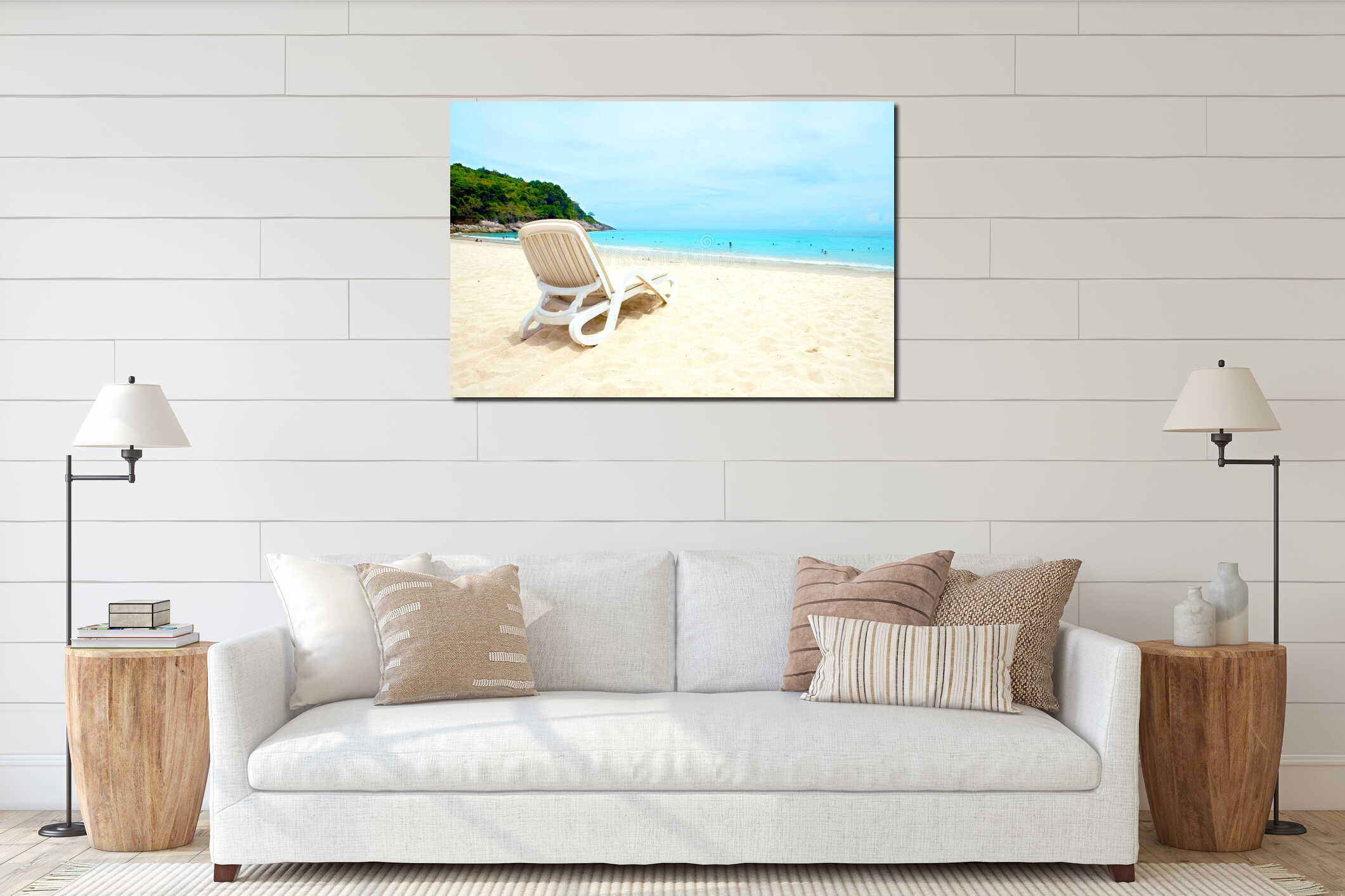 Sun lounger by a sandy beach interior mockup