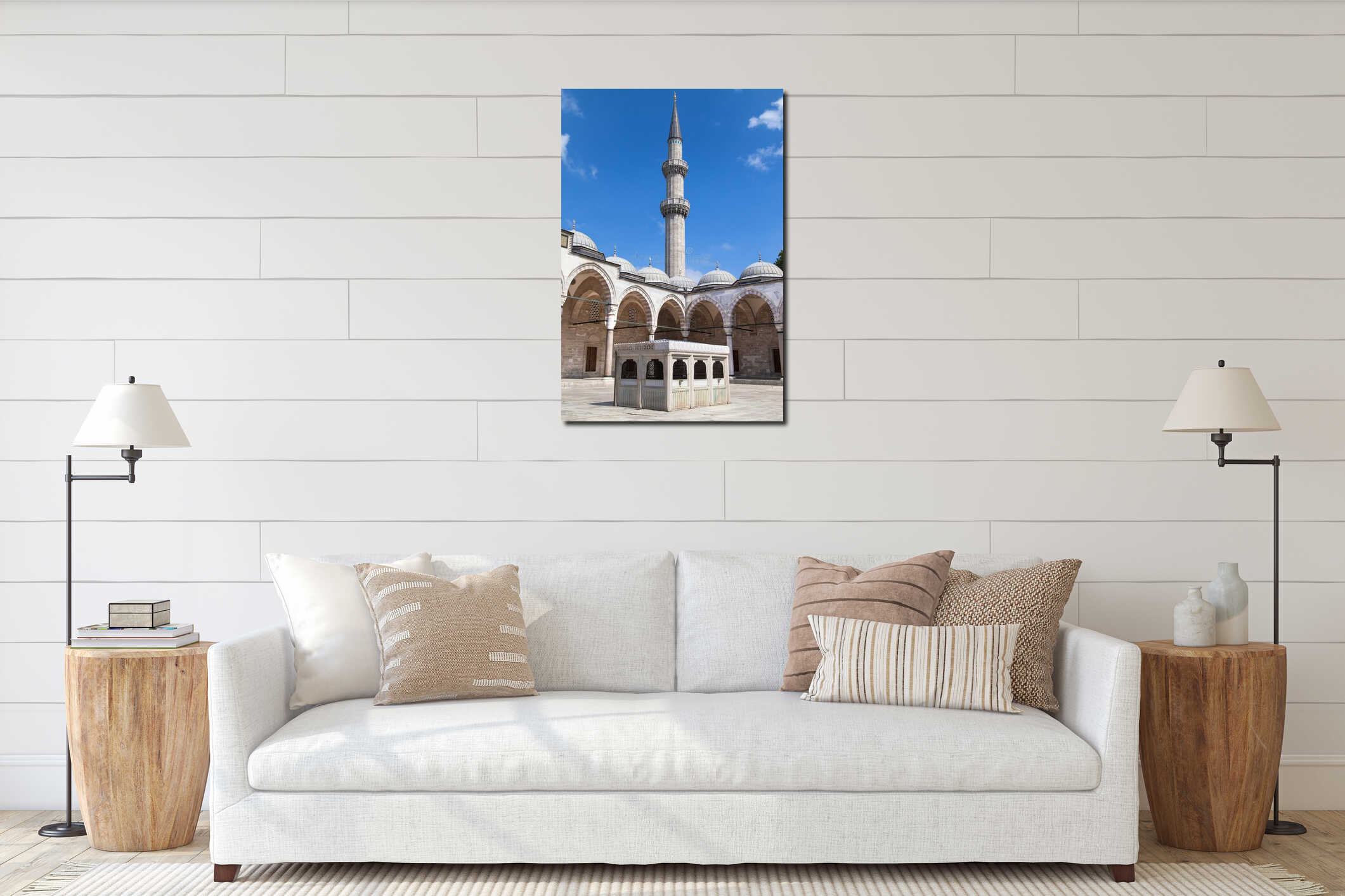 Minaret and fountain of Suleymaniye Mosque interior mockup