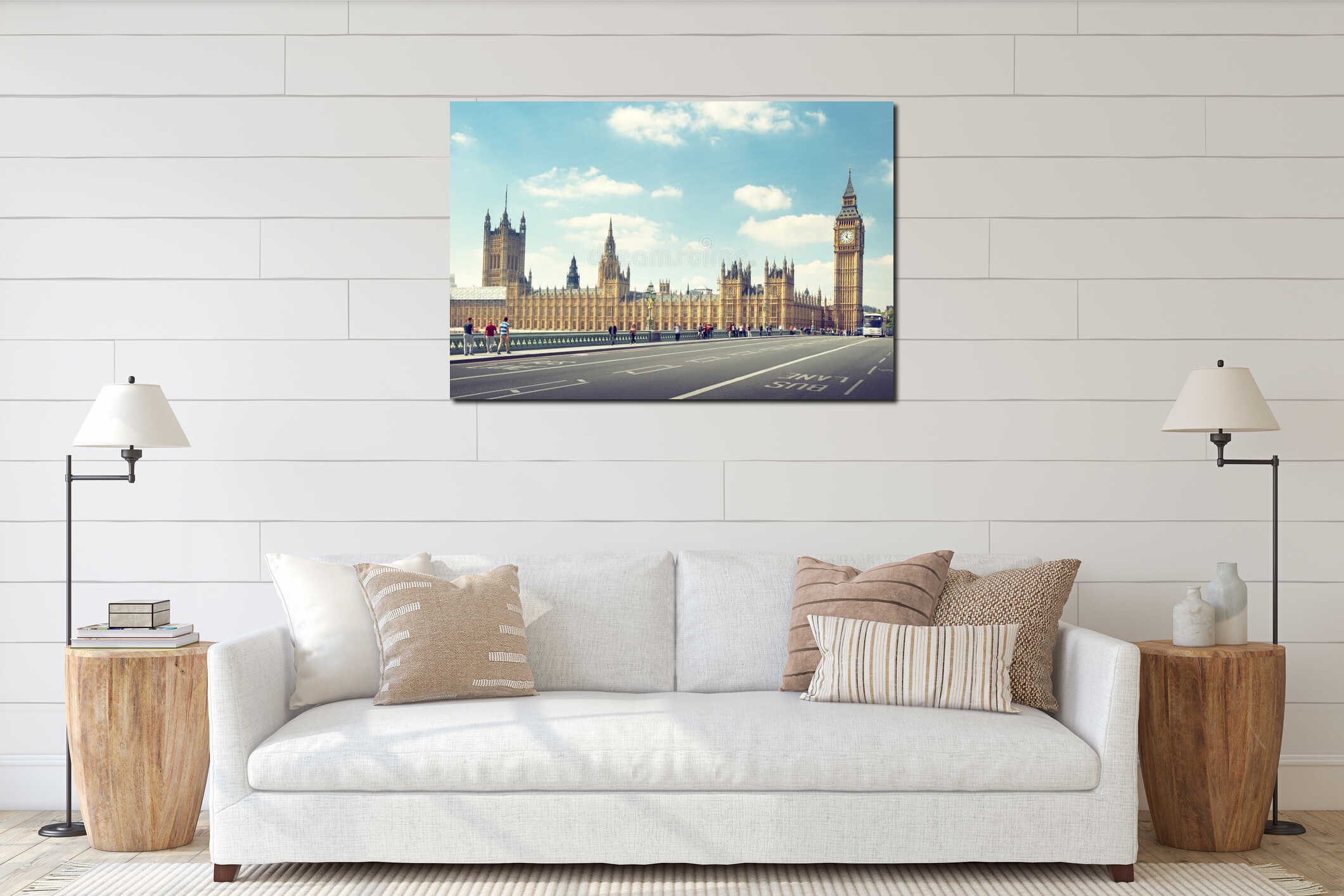 Big Ben in sunny day, London interior mockup