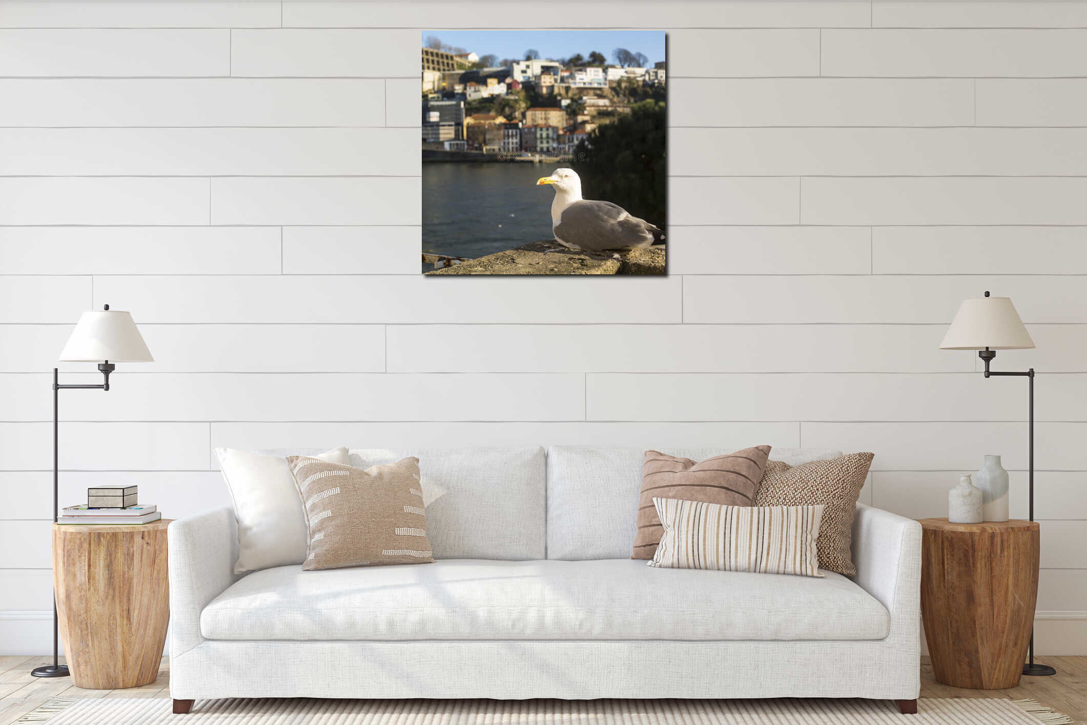 Seagull sits in Ribeira Old Town, Douro river, Porto interior mockup