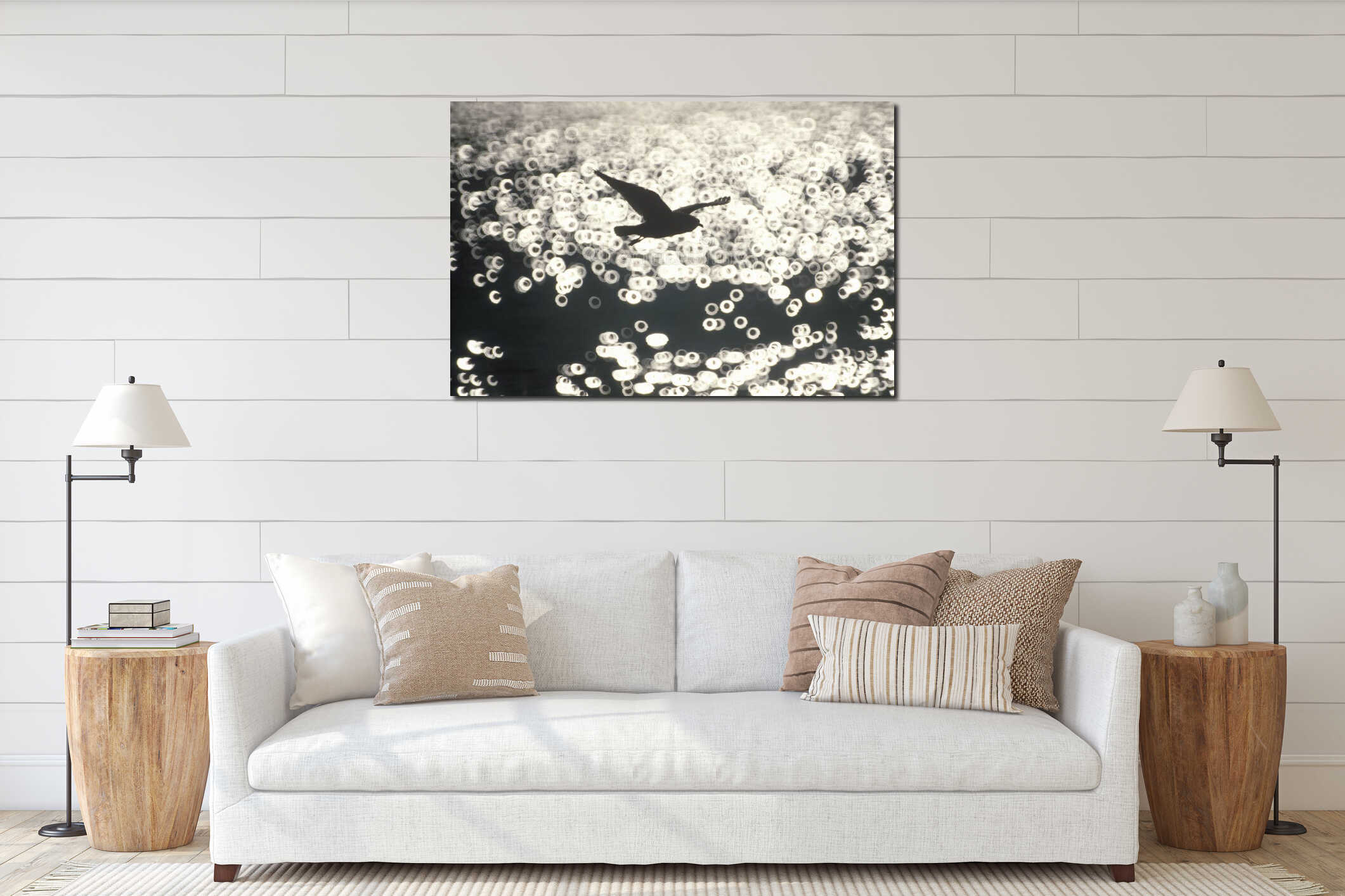 Silhouette of seagull flying over Hudson River, NY interior mockup