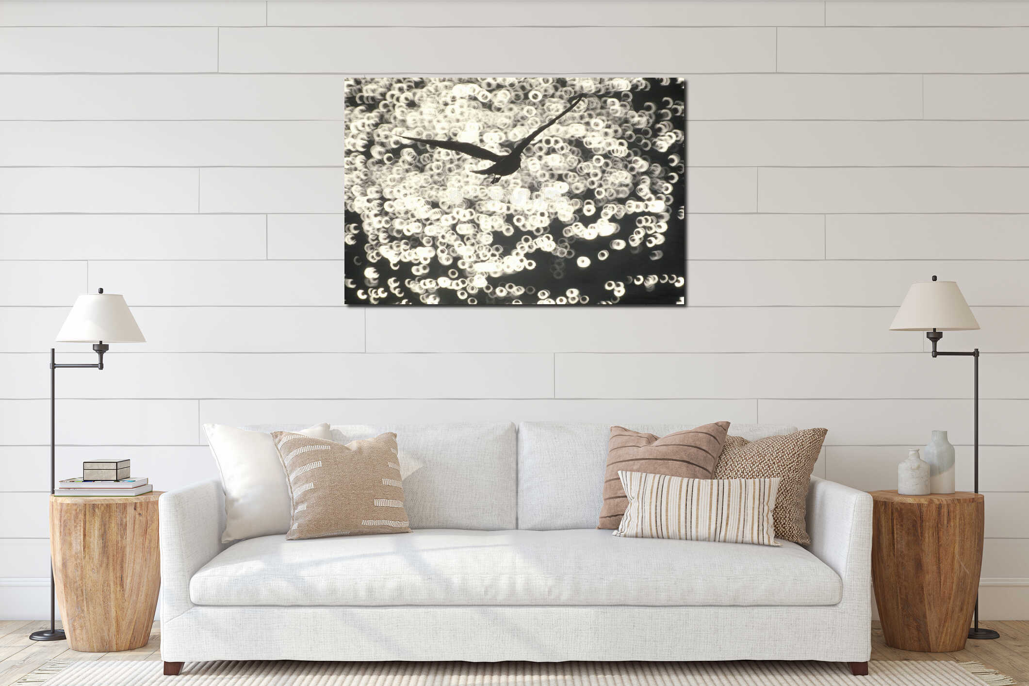 Silhouette of seagull flying over Hudson River, NY interior mockup