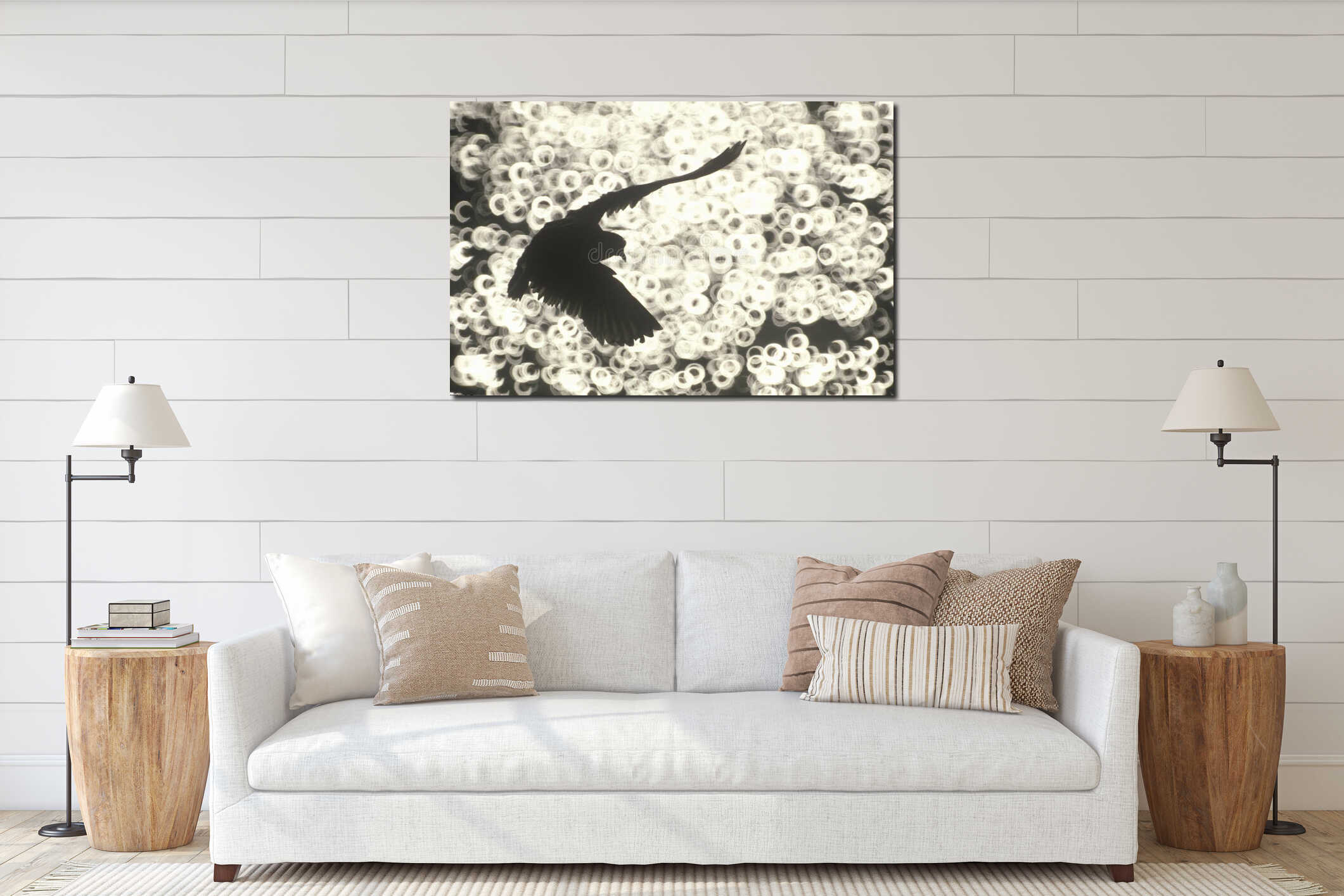 Silhouette of seagull flying over Hudson River, NY interior mockup