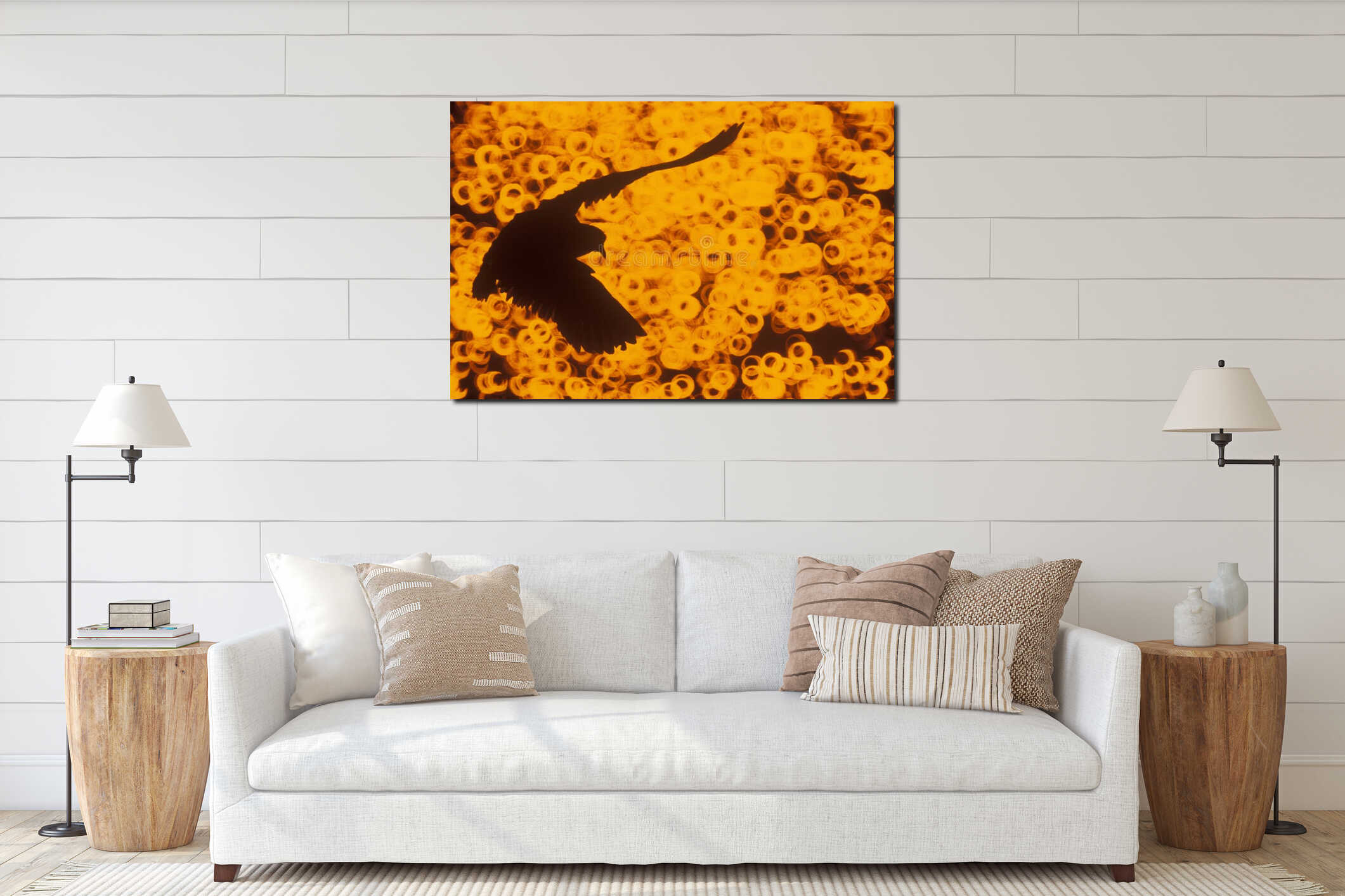 Silhouette of seagull flying over Hudson River, NY interior mockup