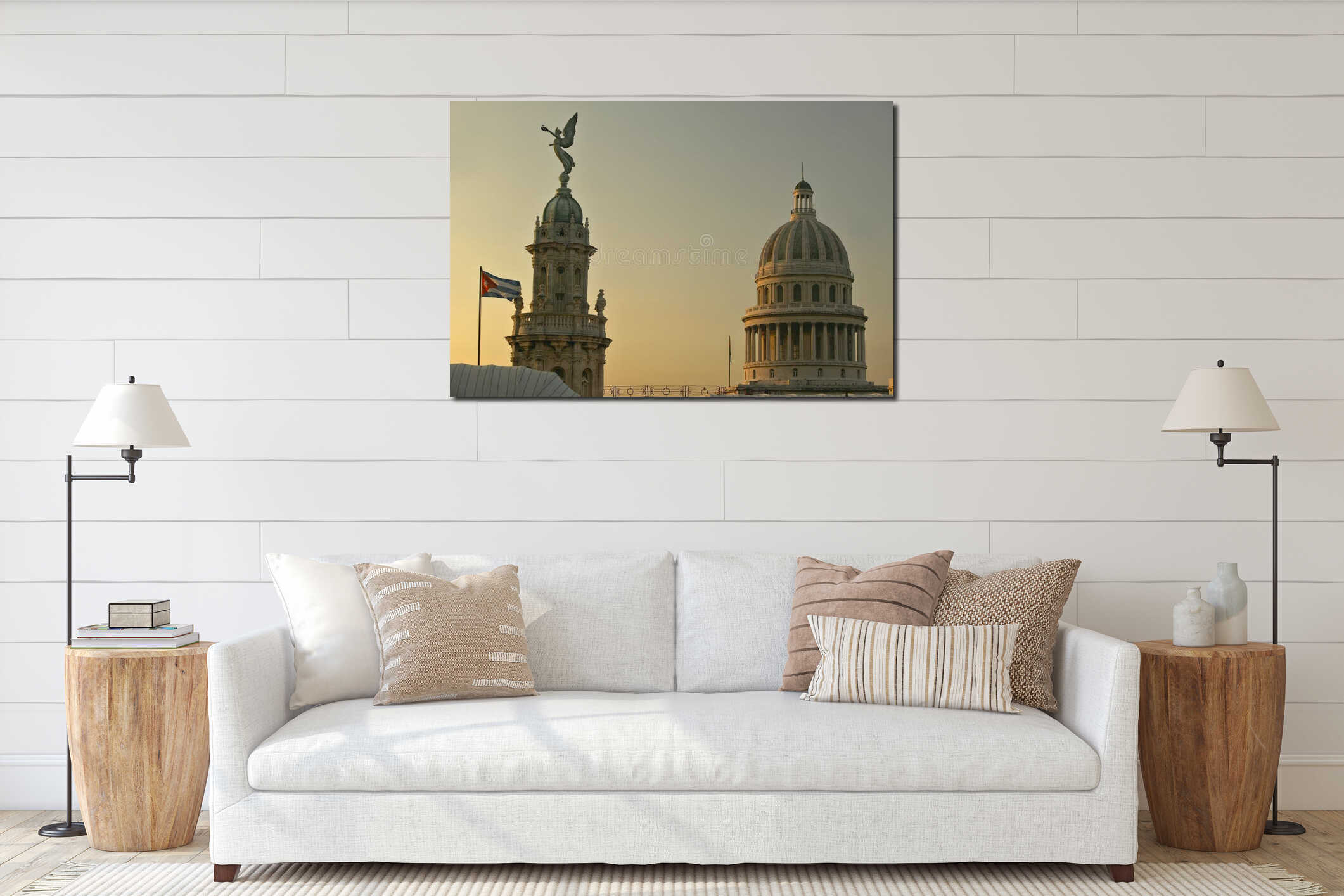 Cuban flag at sunrise with the Roofs of Opera House, Dome of the Royal Theater and Capitol, Havana interior mockup