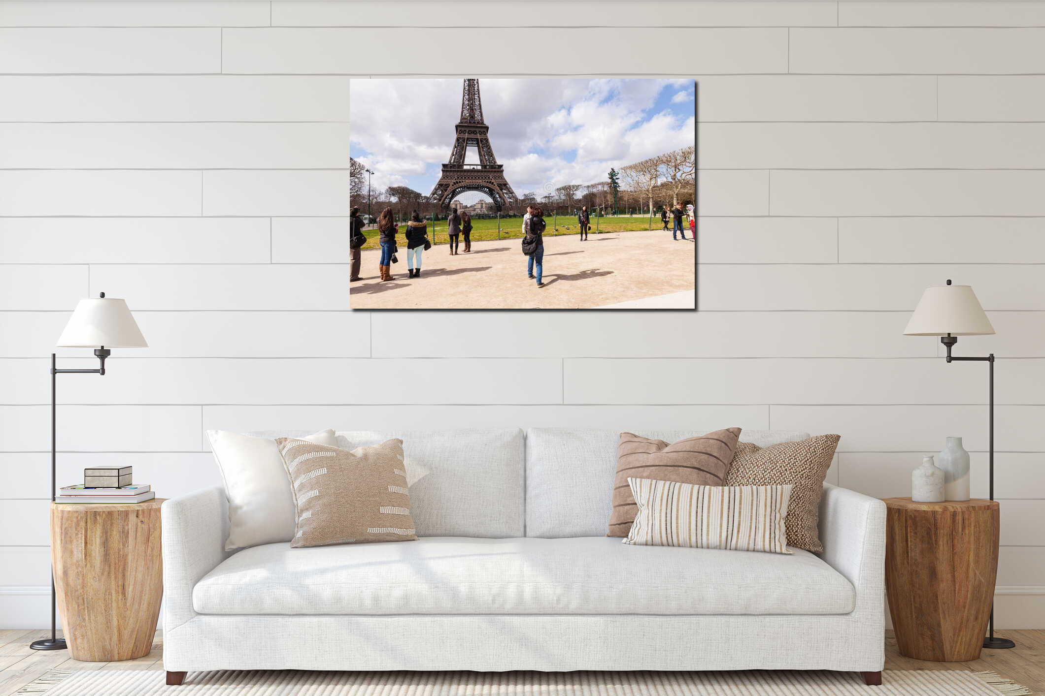 Tourists Taking Pictures and Selfies at Eiffel Tower, Paris France interior mockup