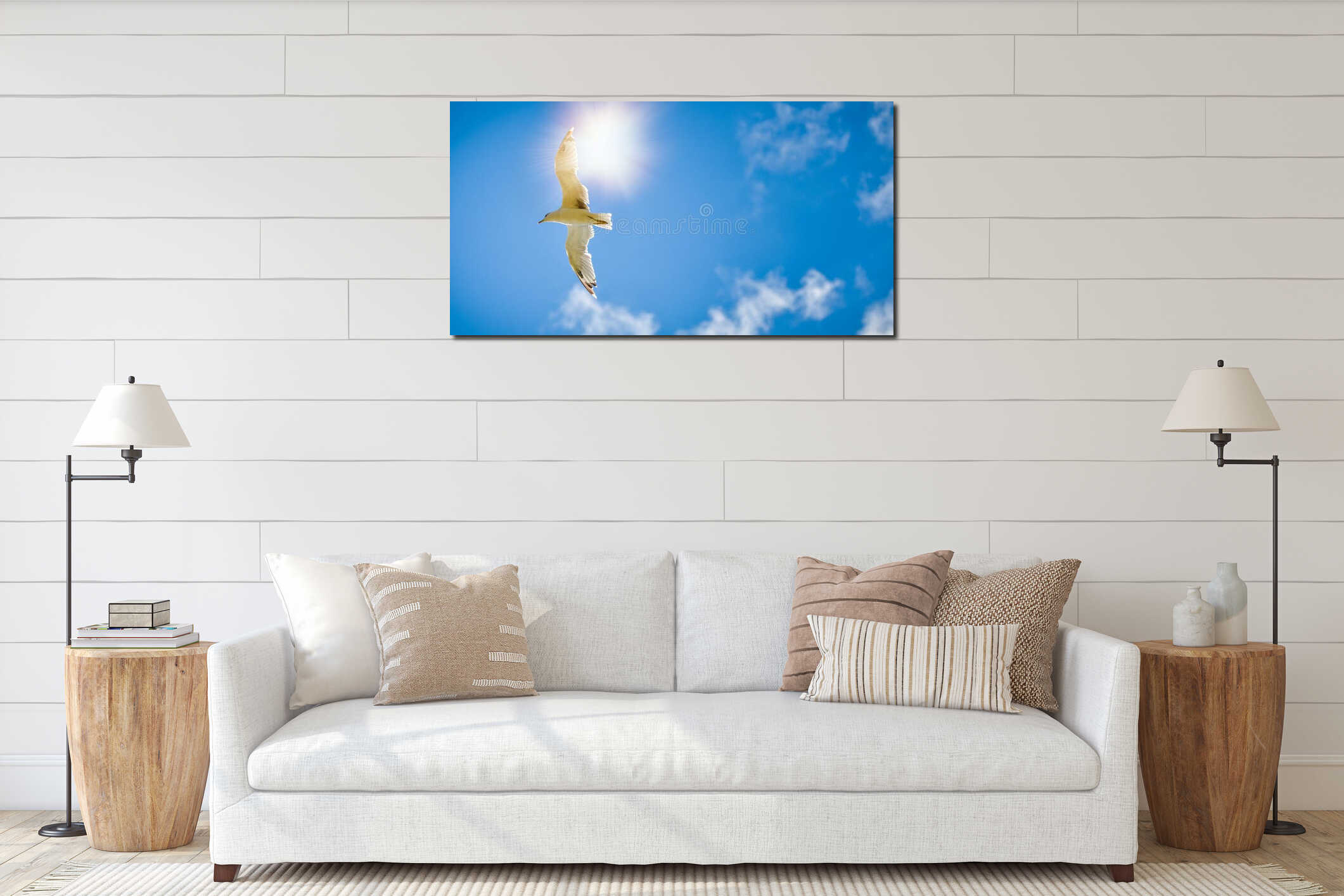 Seagull is flying and soaring in the blue sky with clouds interior mockup
