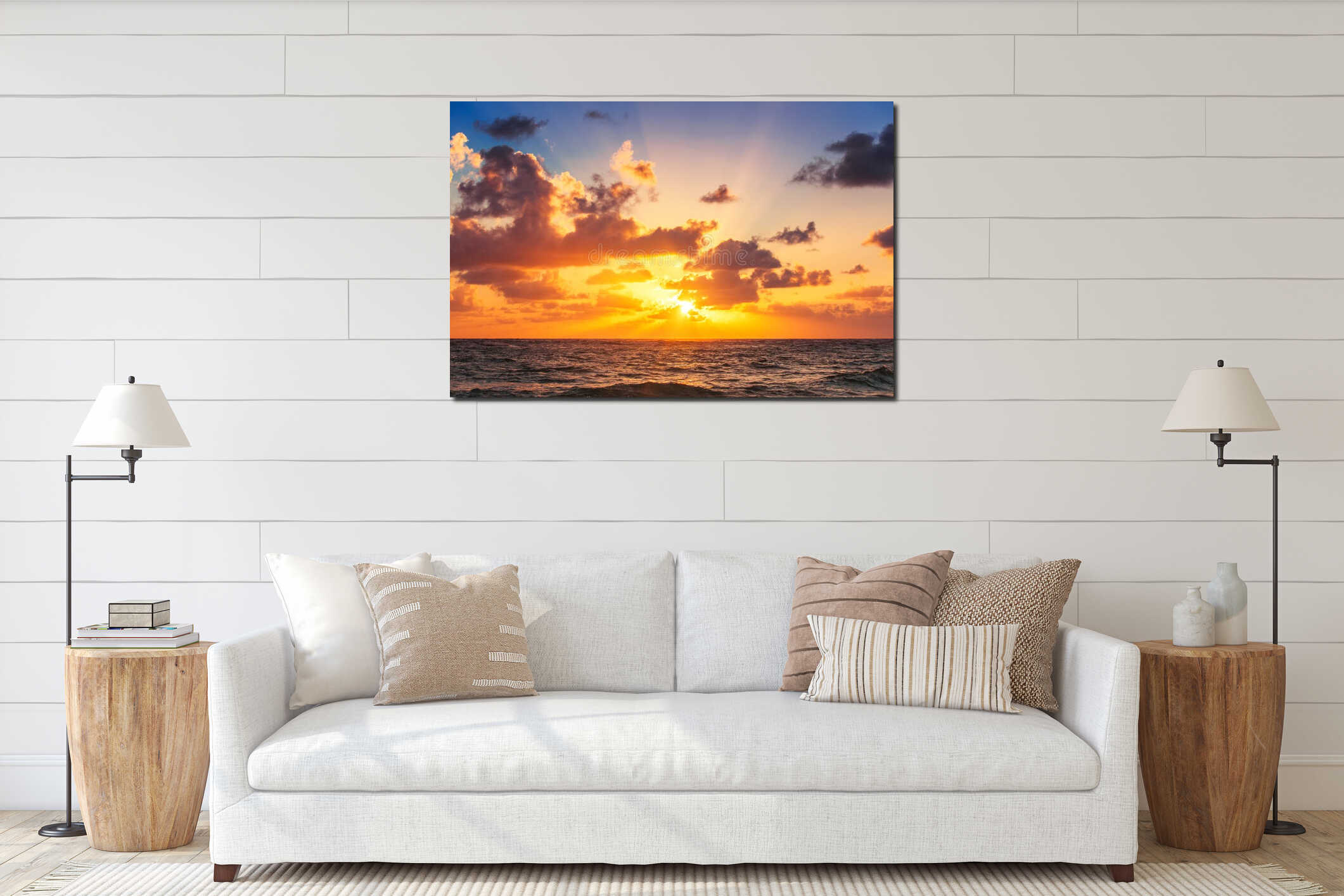 Beautiful cloudscape over the caribbean sea, sunrise shot interior mockup