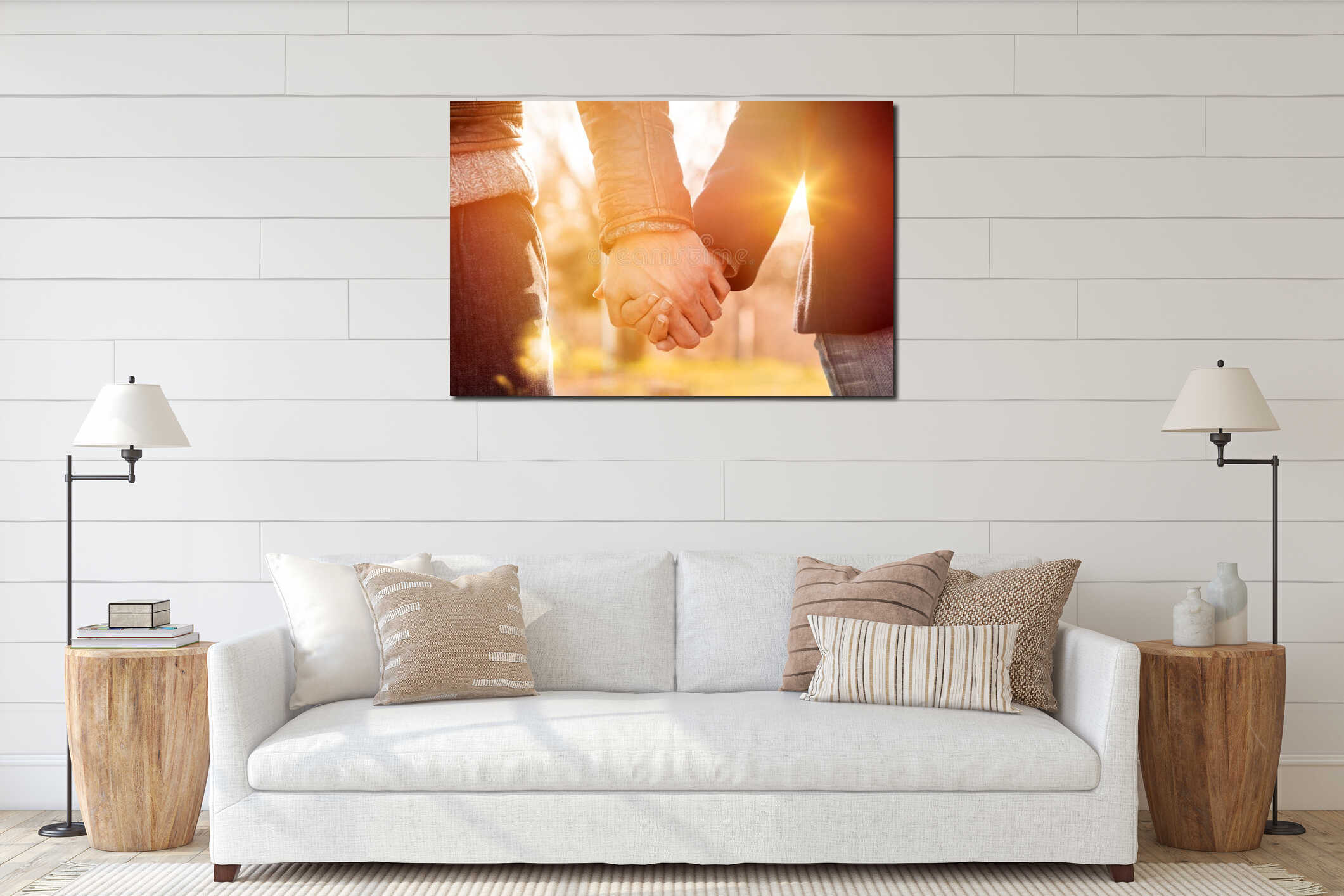 Couple holding hands interior mockup