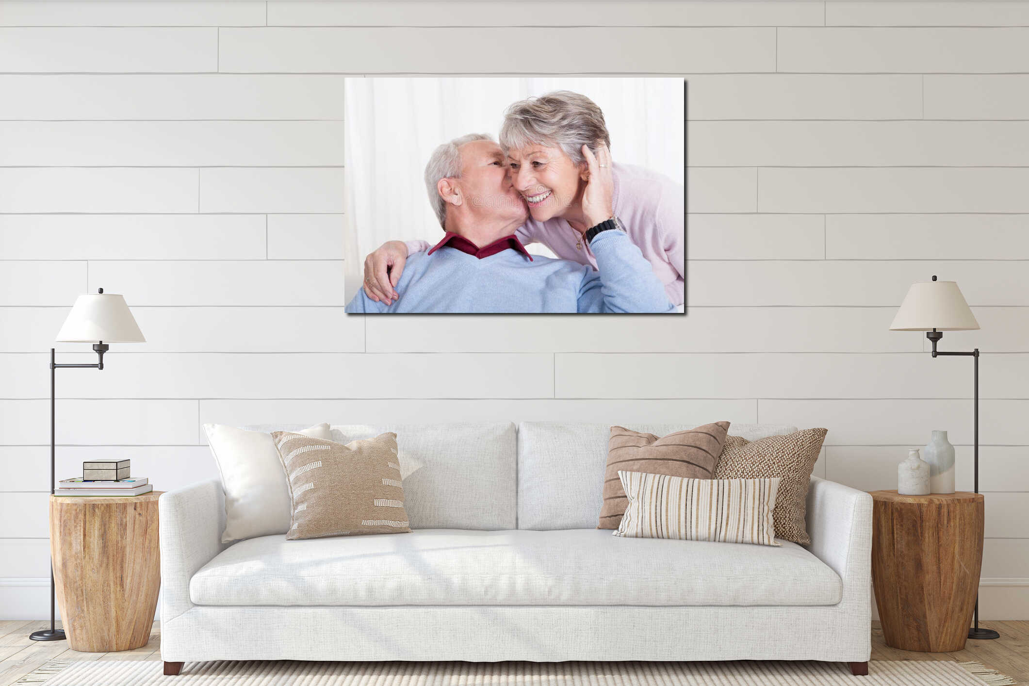 Portrait of happy senior loving couple interior mockup