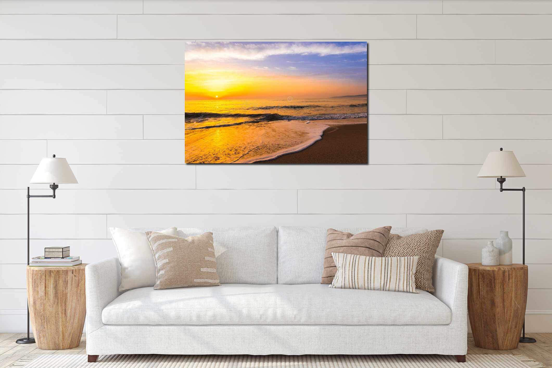Golden sunrise sunset over the sea ocean waves interior mockup