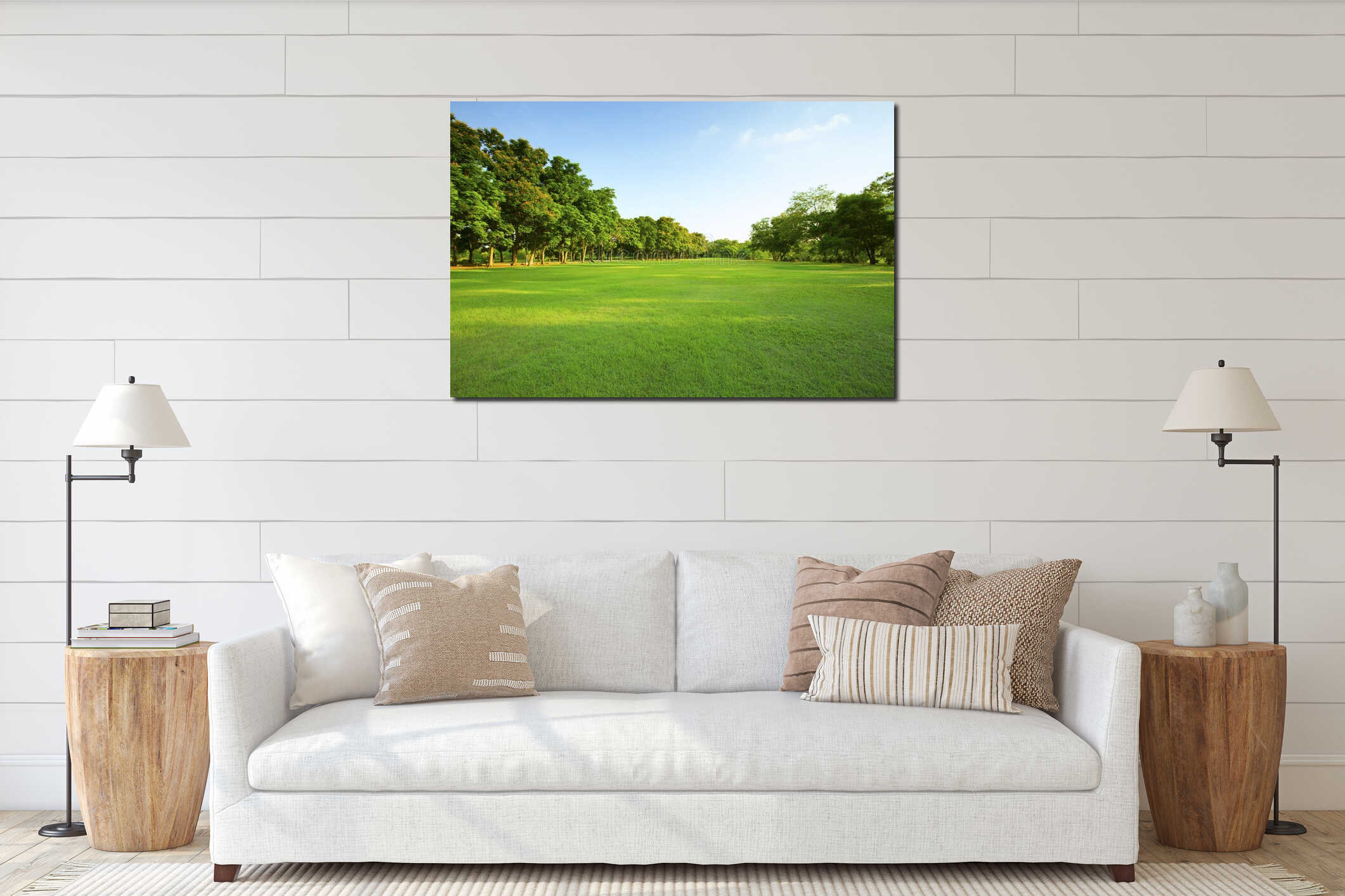 Beautiful morning light in public park with green grass field an interior mockup