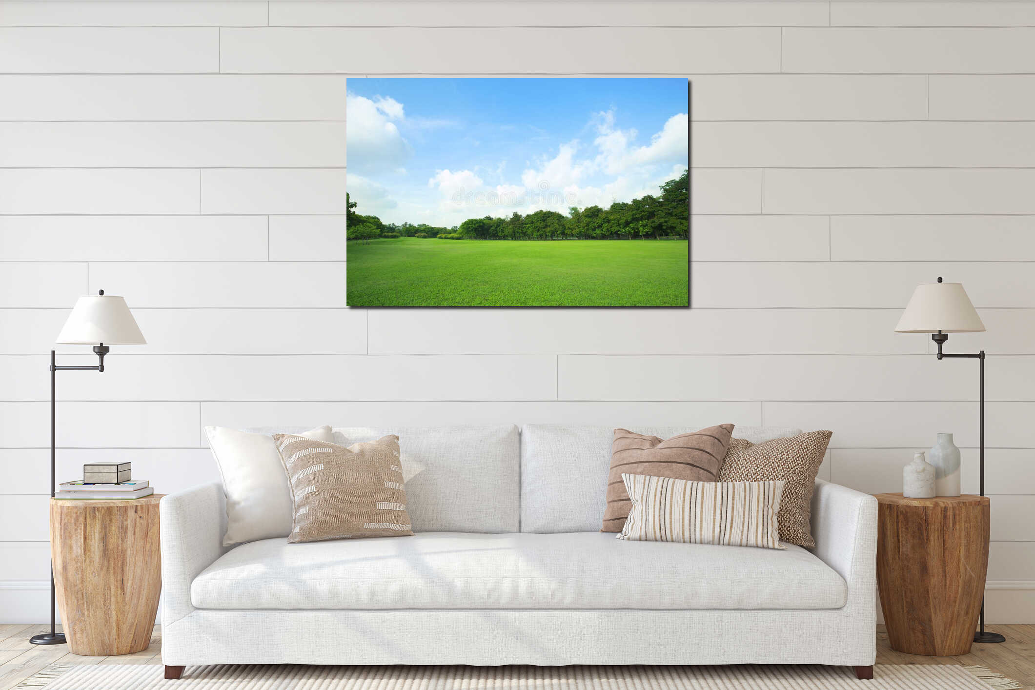 Beautiful green grass field and fresh plant in vibrant meadow ag interior mockup