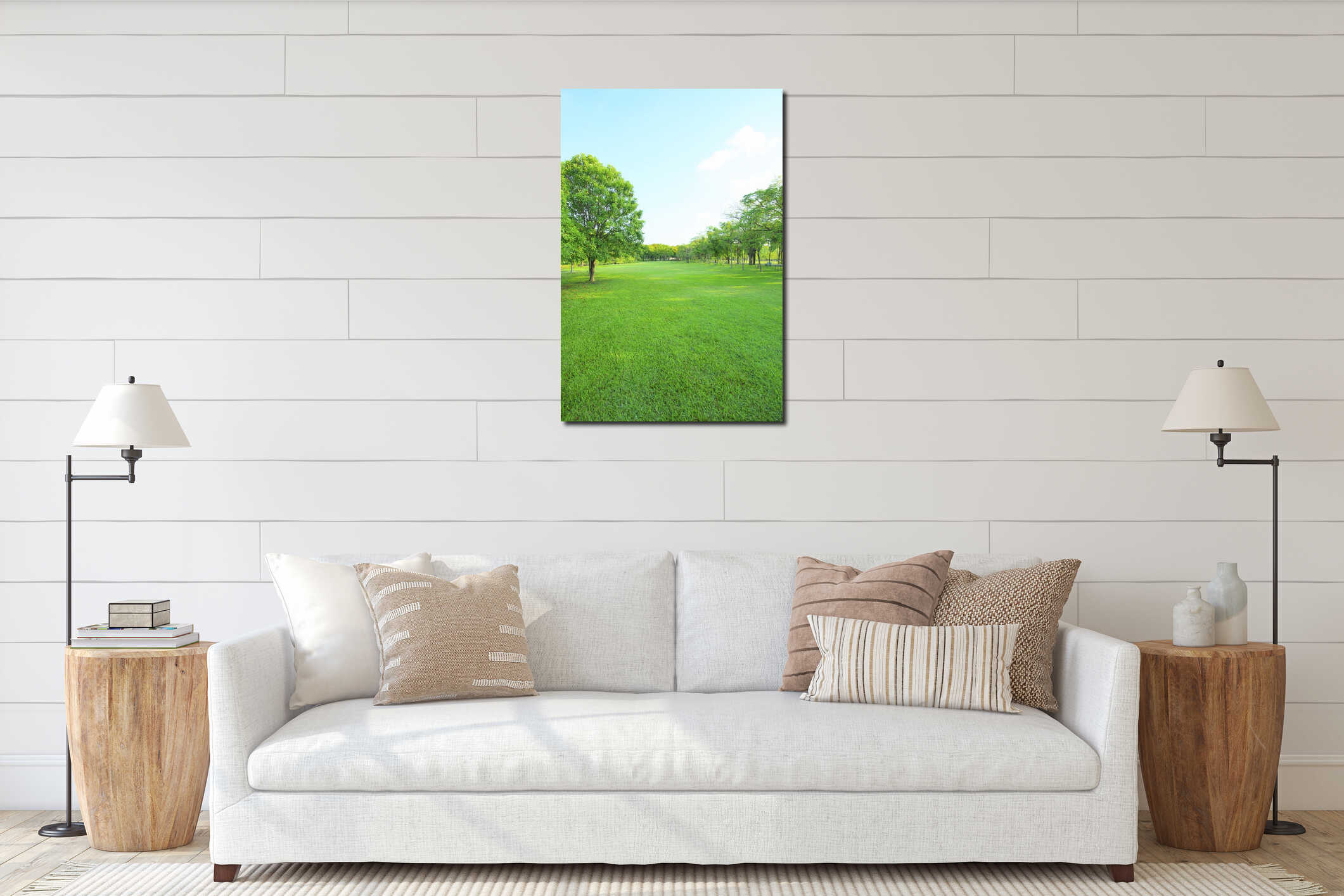 Beautiful morning light in public park with green grass field an interior mockup