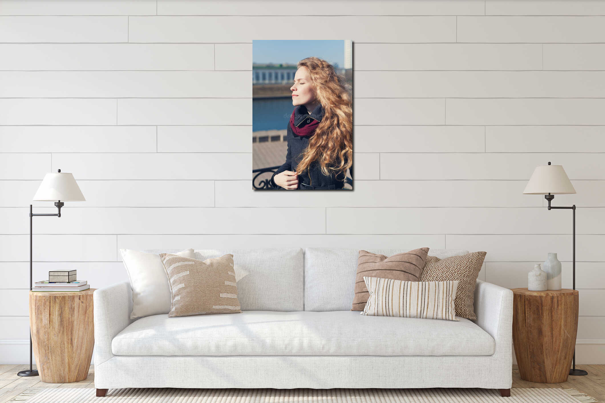 Pretty young fashion woman with long curly hair enjoying the spring sun with eyes closed near the river interior mockup