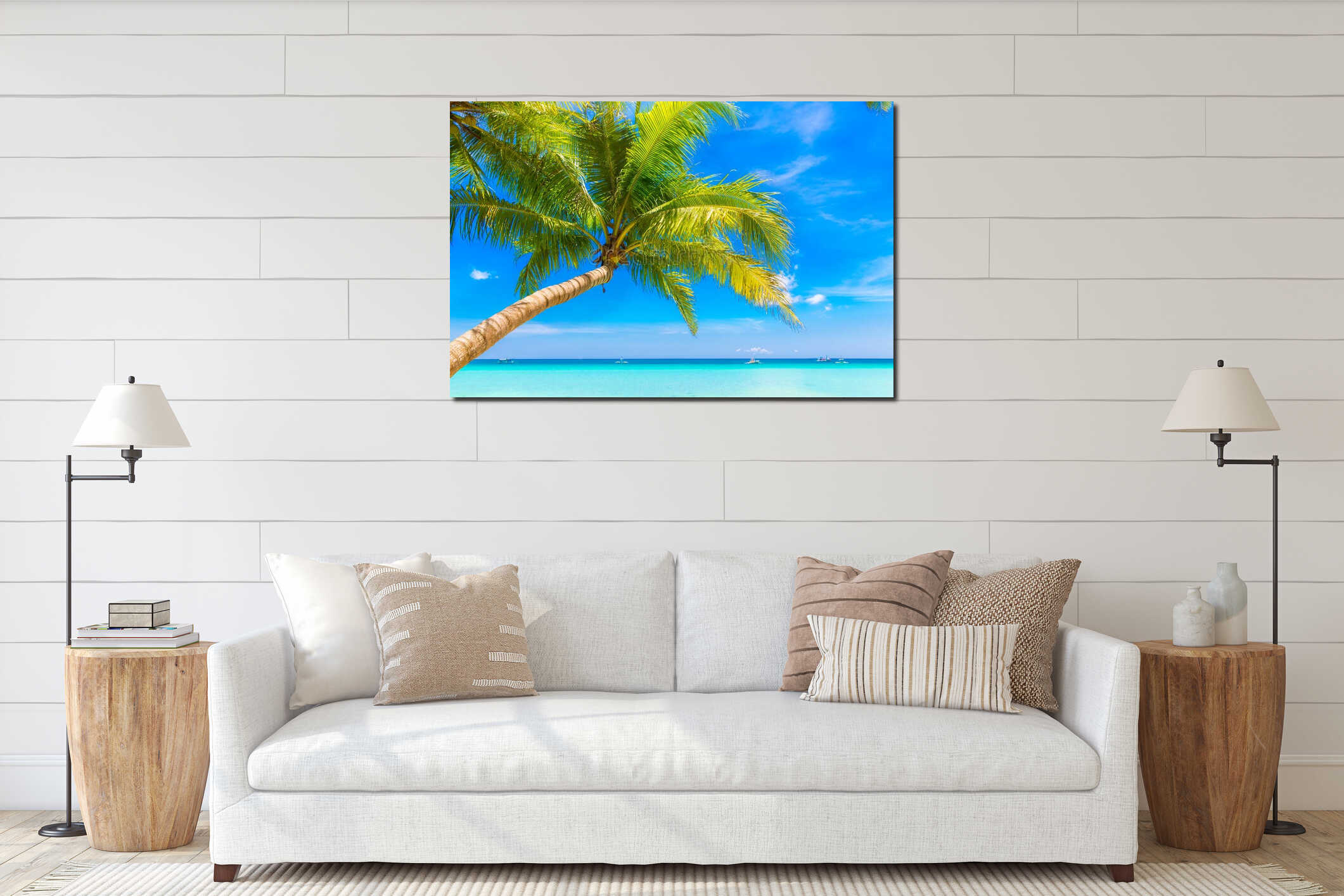 Dream scene. Beautiful palm tree over white sand beach. Summer n interior mockup