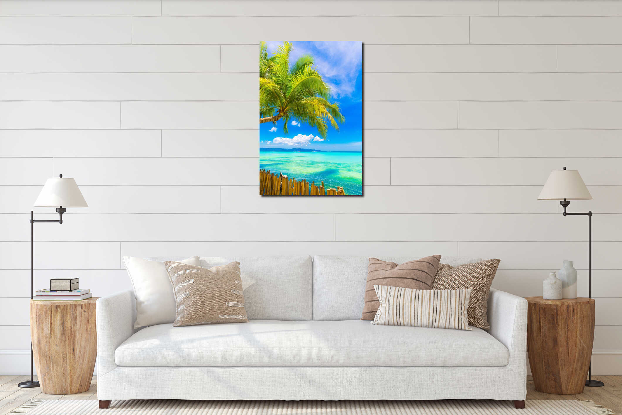 Dream scene. Beautiful palm tree over white sand beach. Summer n interior mockup