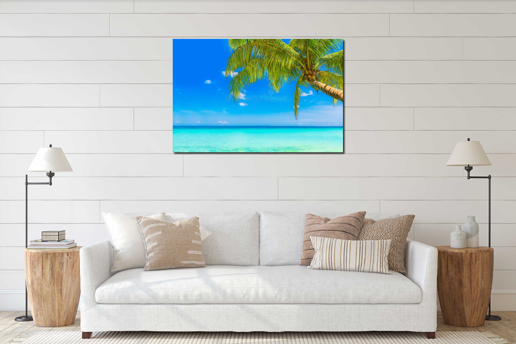 Dream scene. Beautiful palm tree over white sand beach. Summer n interior mockup