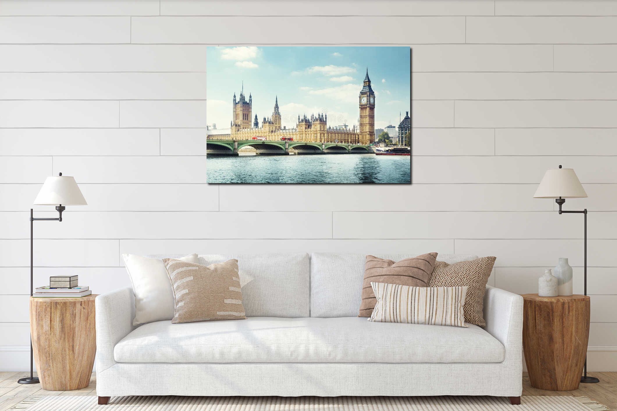 Big Ben in sunny day, London interior mockup
