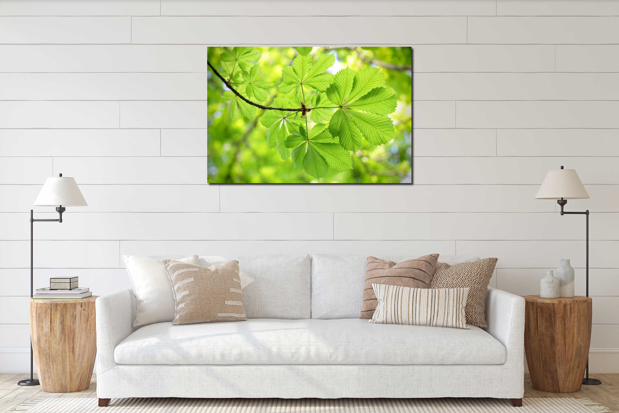 Fresh and new green chestnut leaves interior mockup