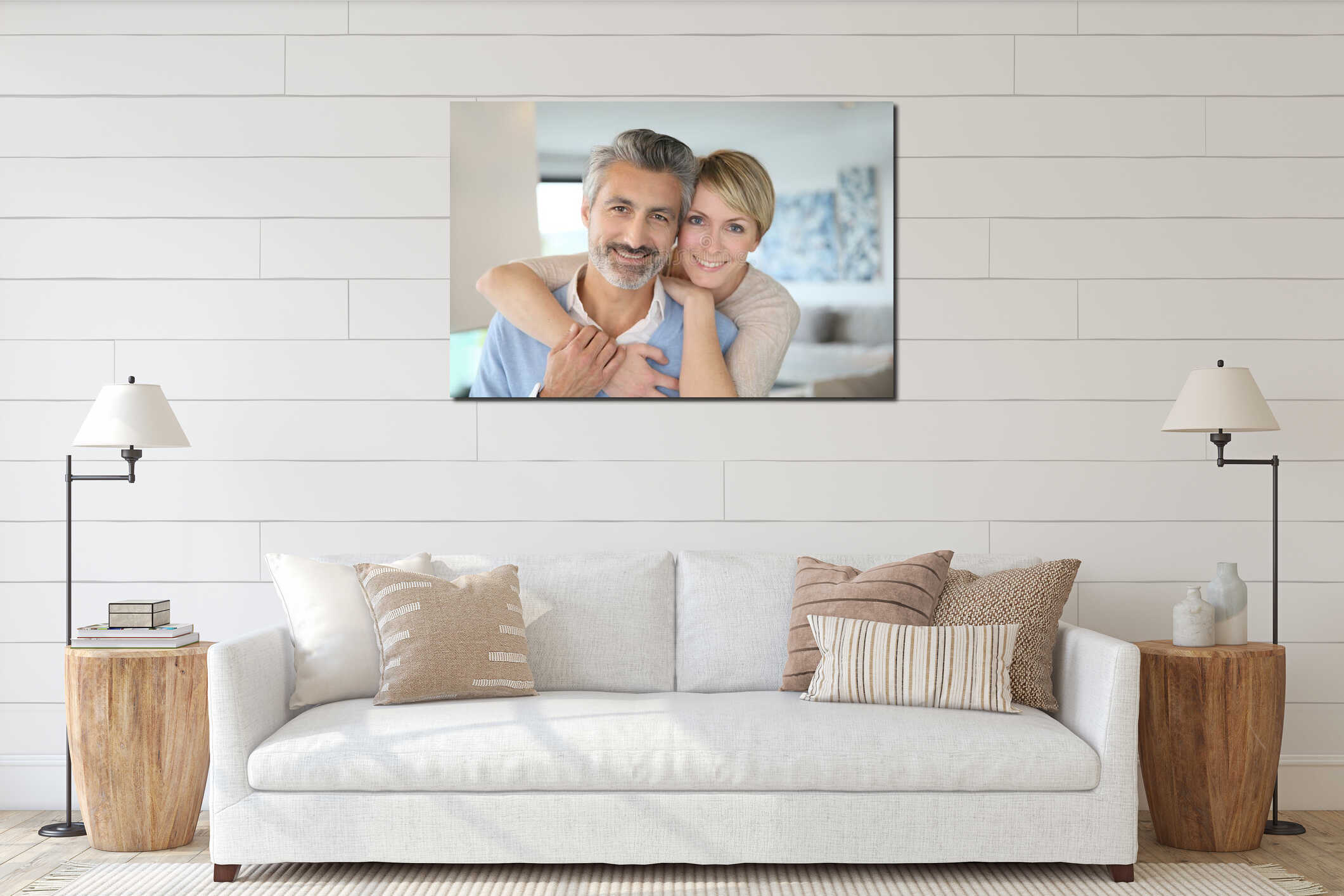 Smiling middle-aged couple at home interior mockup
