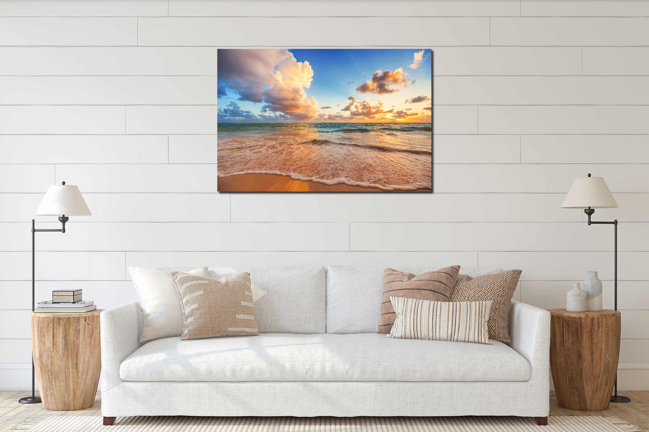 Beautiful cloudscape over Caribbean sea, sunrise shot interior mockup