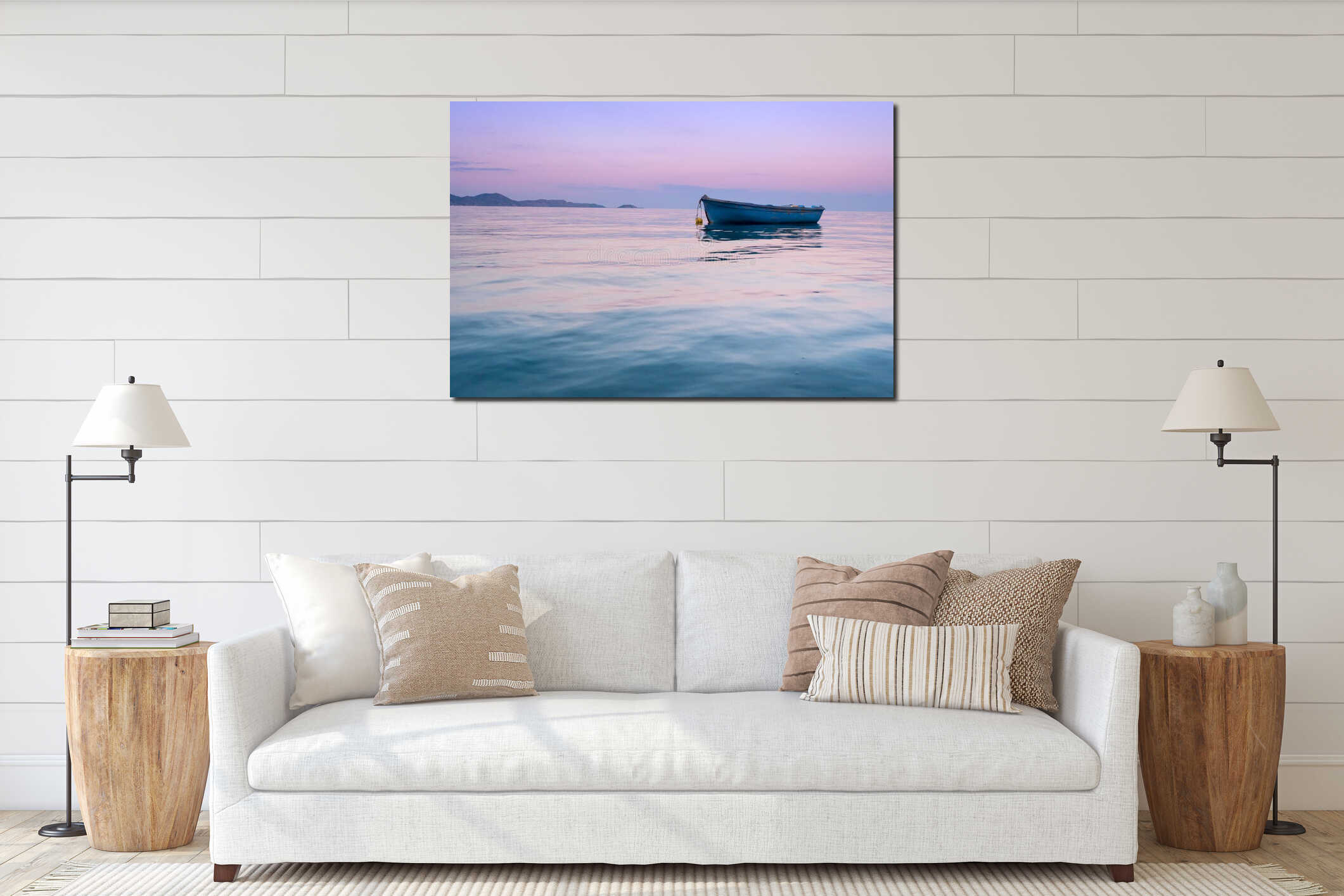 Lonely traditional greek fishing boat on sea water interior mockup