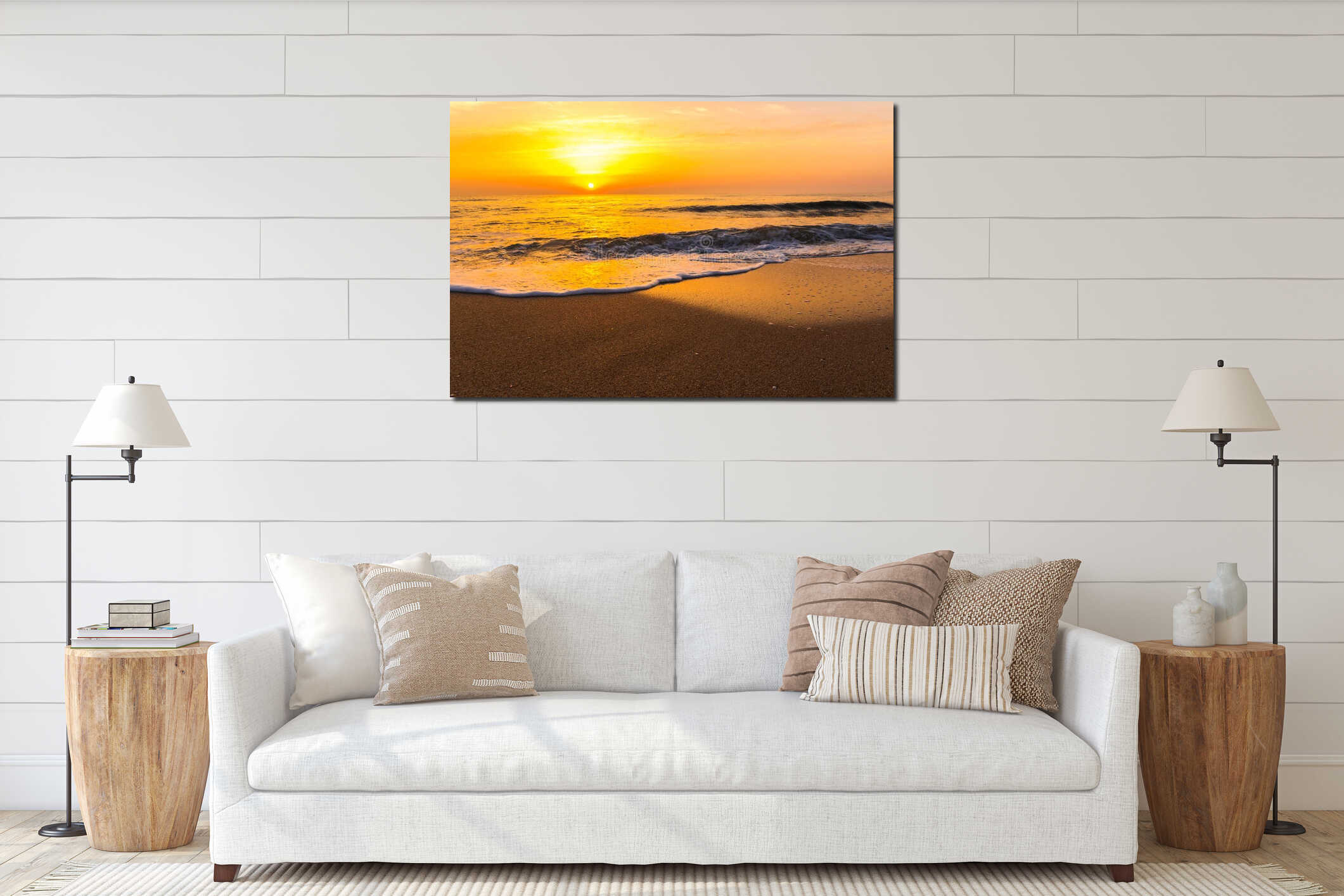 Golden sunrise sunset over the sea ocean waves interior mockup