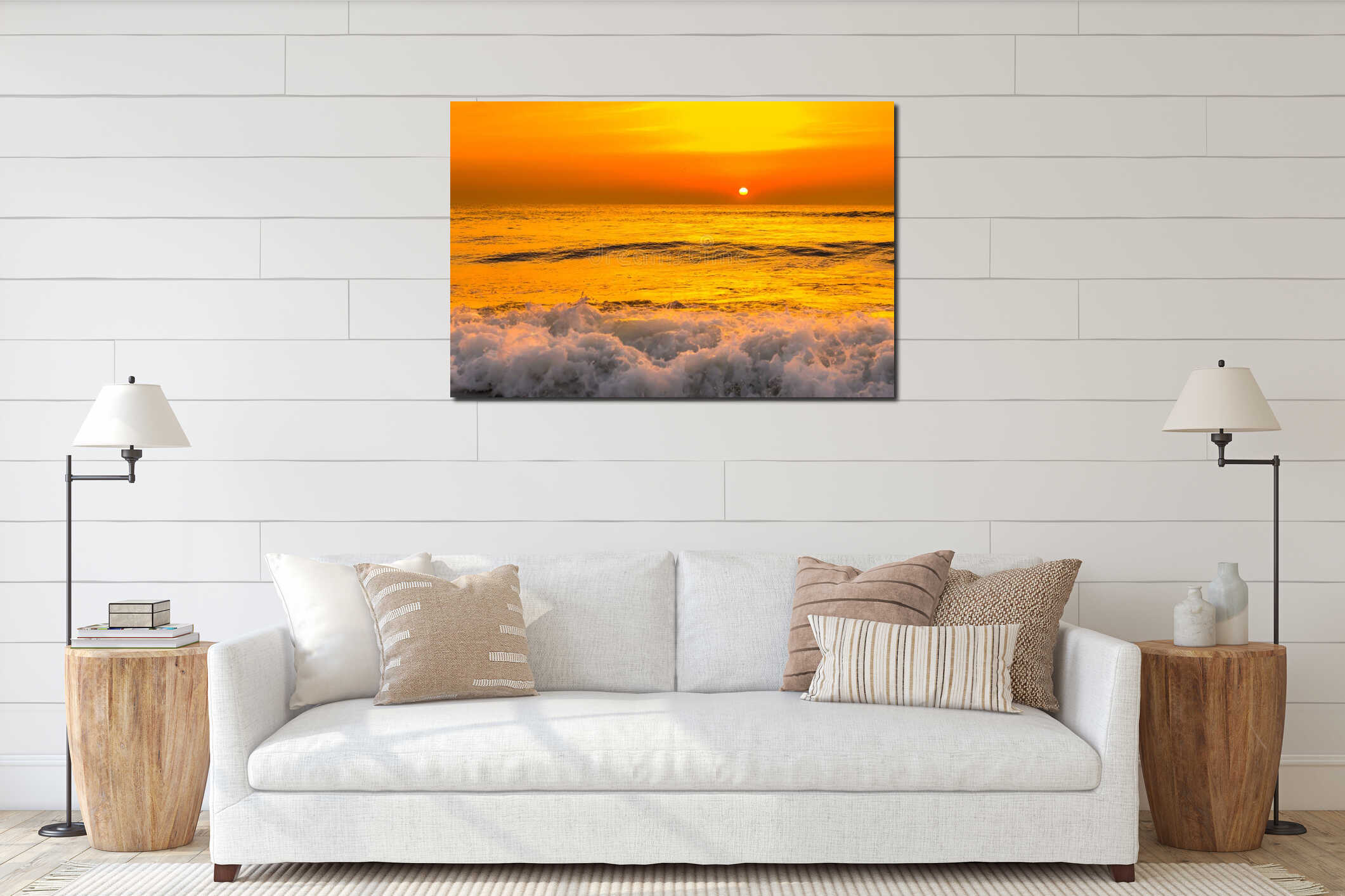 Golden sunrise sunset over the sea ocean waves interior mockup