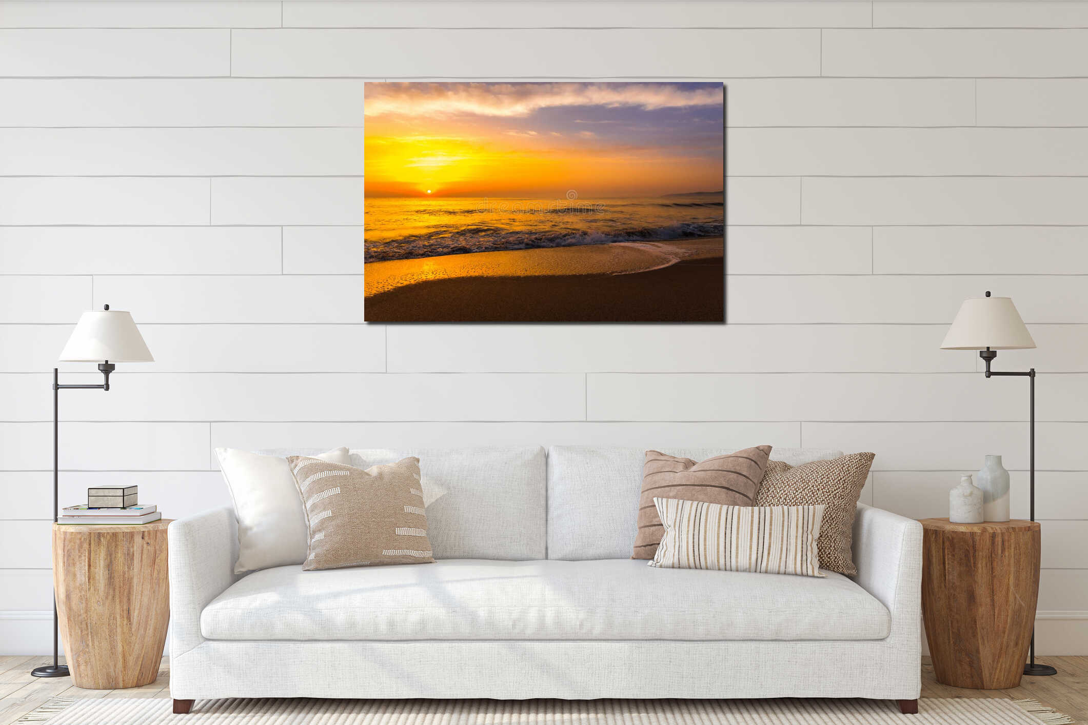 Golden sunrise sunset over the sea ocean waves interior mockup