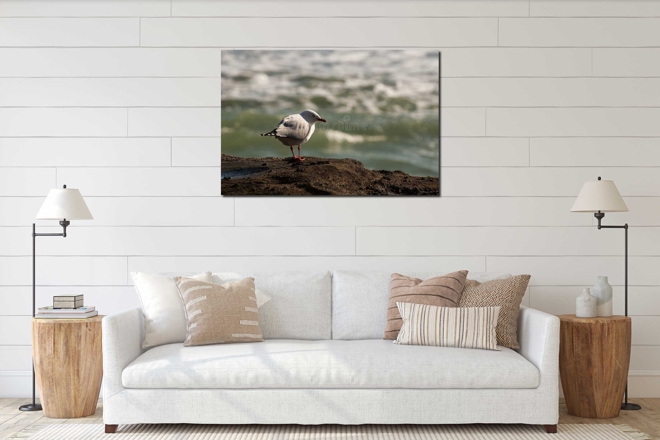 Seagull resting on volcanic rock interior mockup