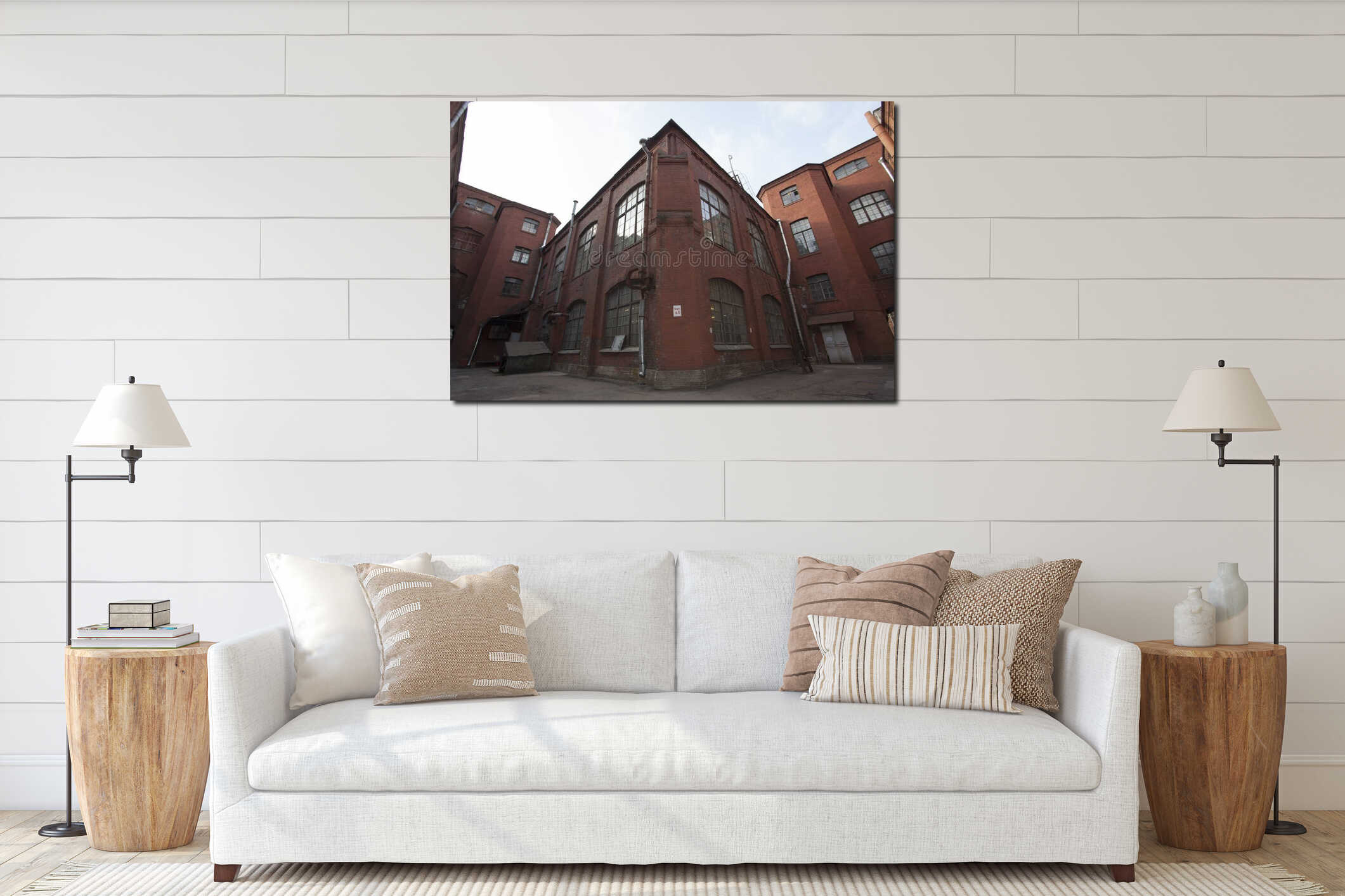 Vintage industrial red brick building in the industrial area of the old European city. interior mockup