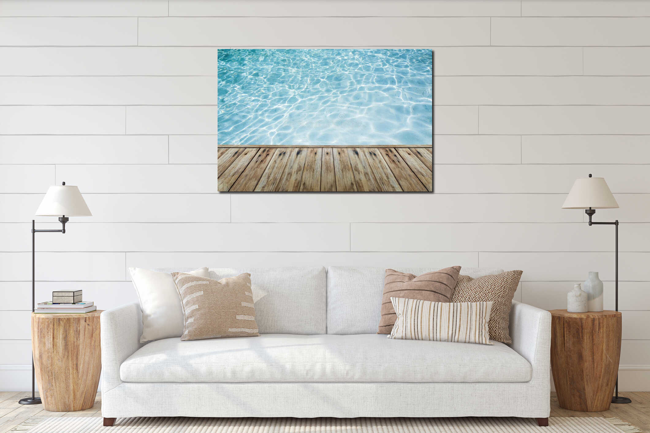 Wood floor beside the blue crystal clear water. interior mockup