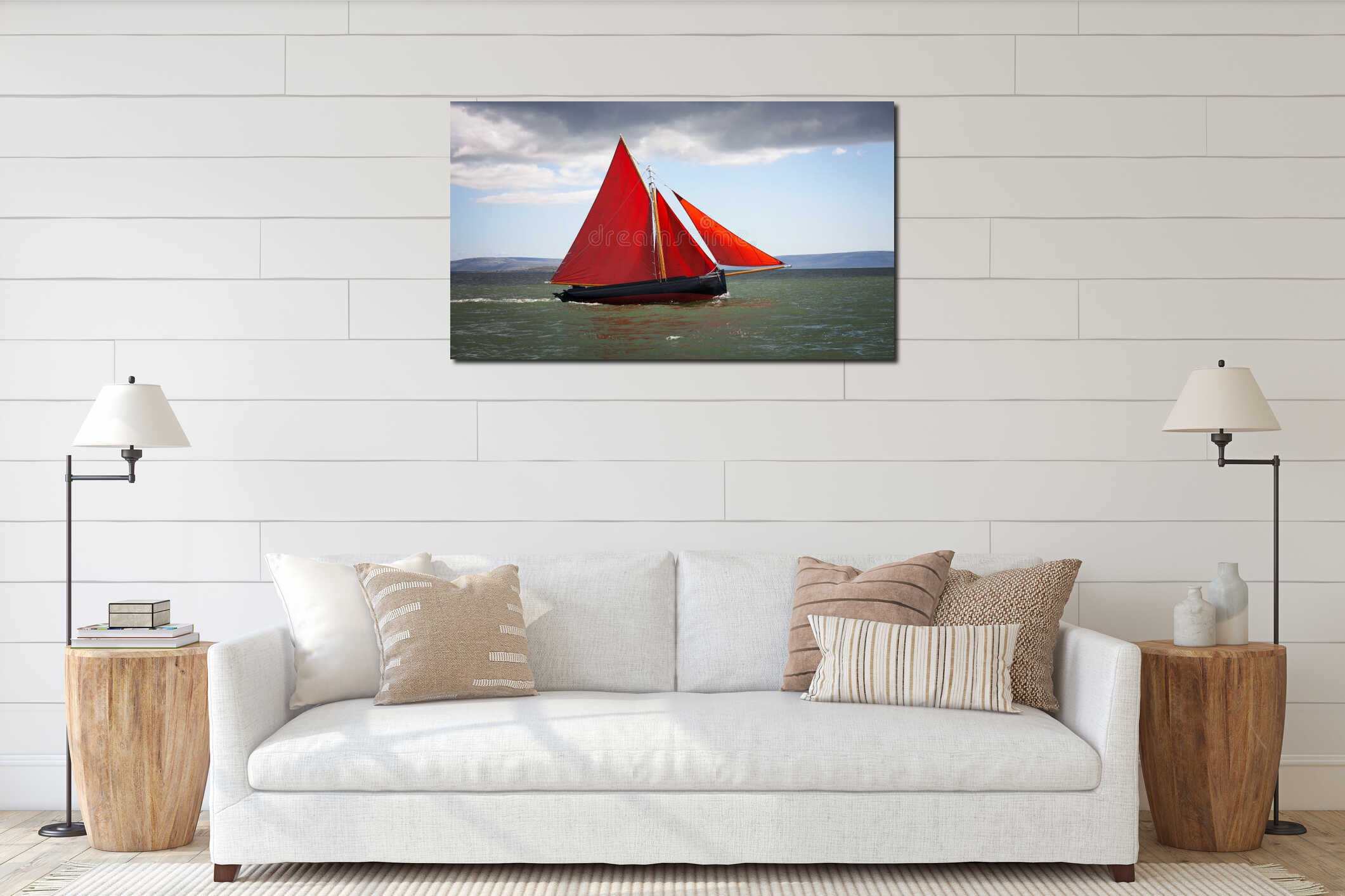Traditional wooden boat with red sail. interior mockup