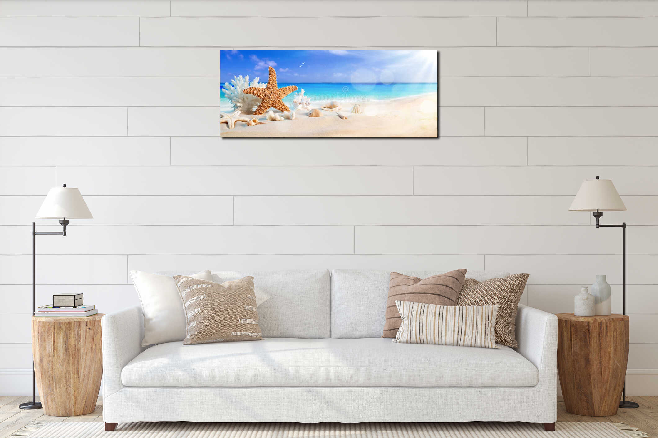 Seashells on seashore in tropical beach interior mockup