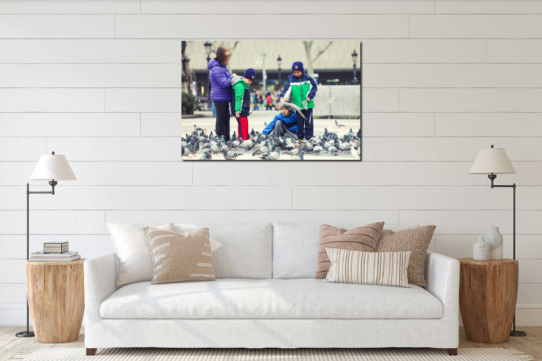 Little children playing with pigeons. Kids in Barcelona, Spain interior mockup