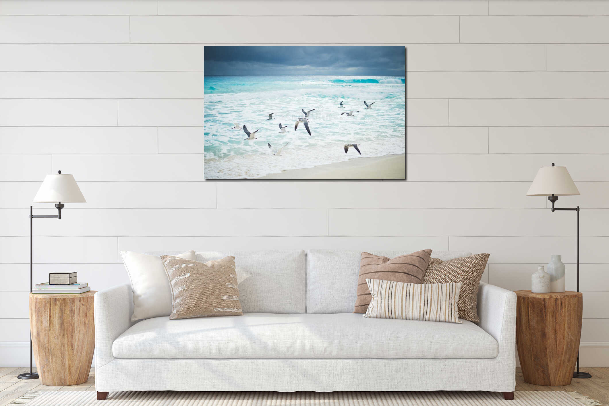 Seagulls flying over ocean waves interior mockup