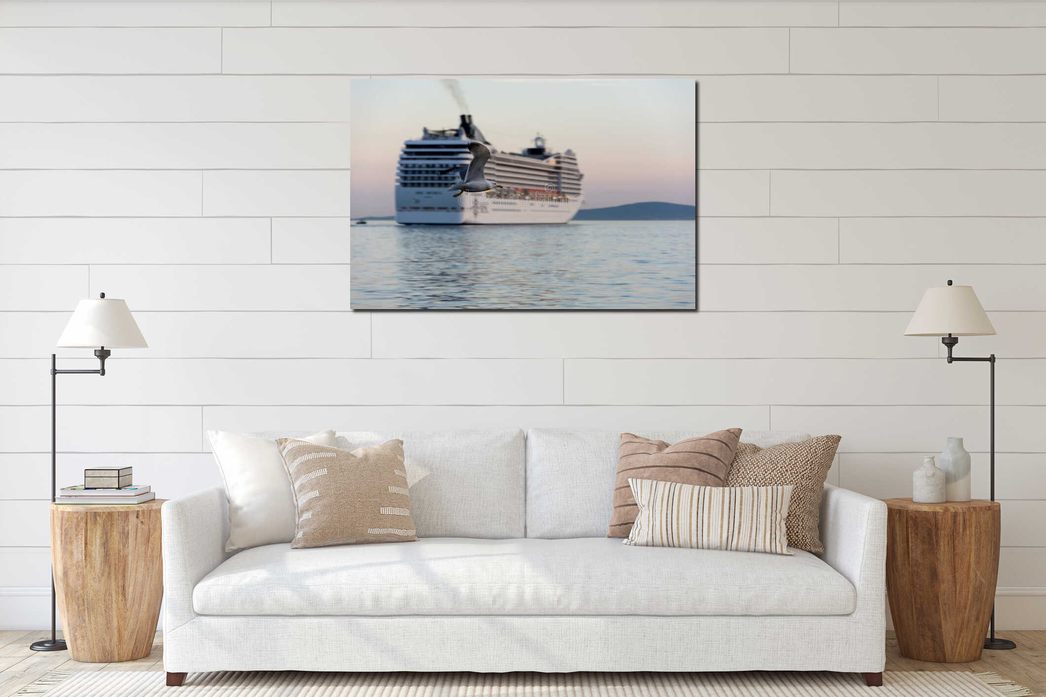 Seagull flight in front of cruise ship interior mockup