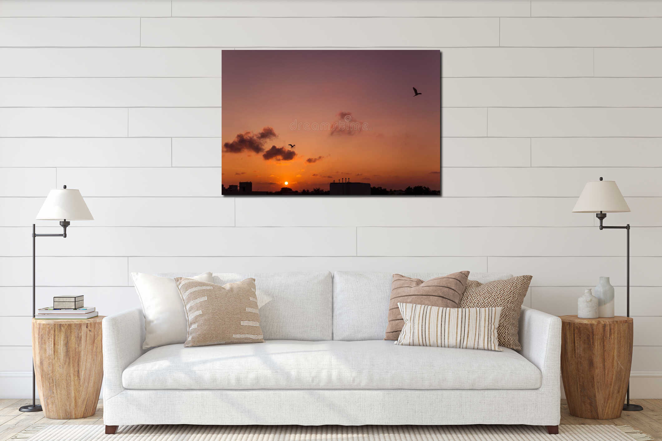 Two Birds flying on the sunrise interior mockup