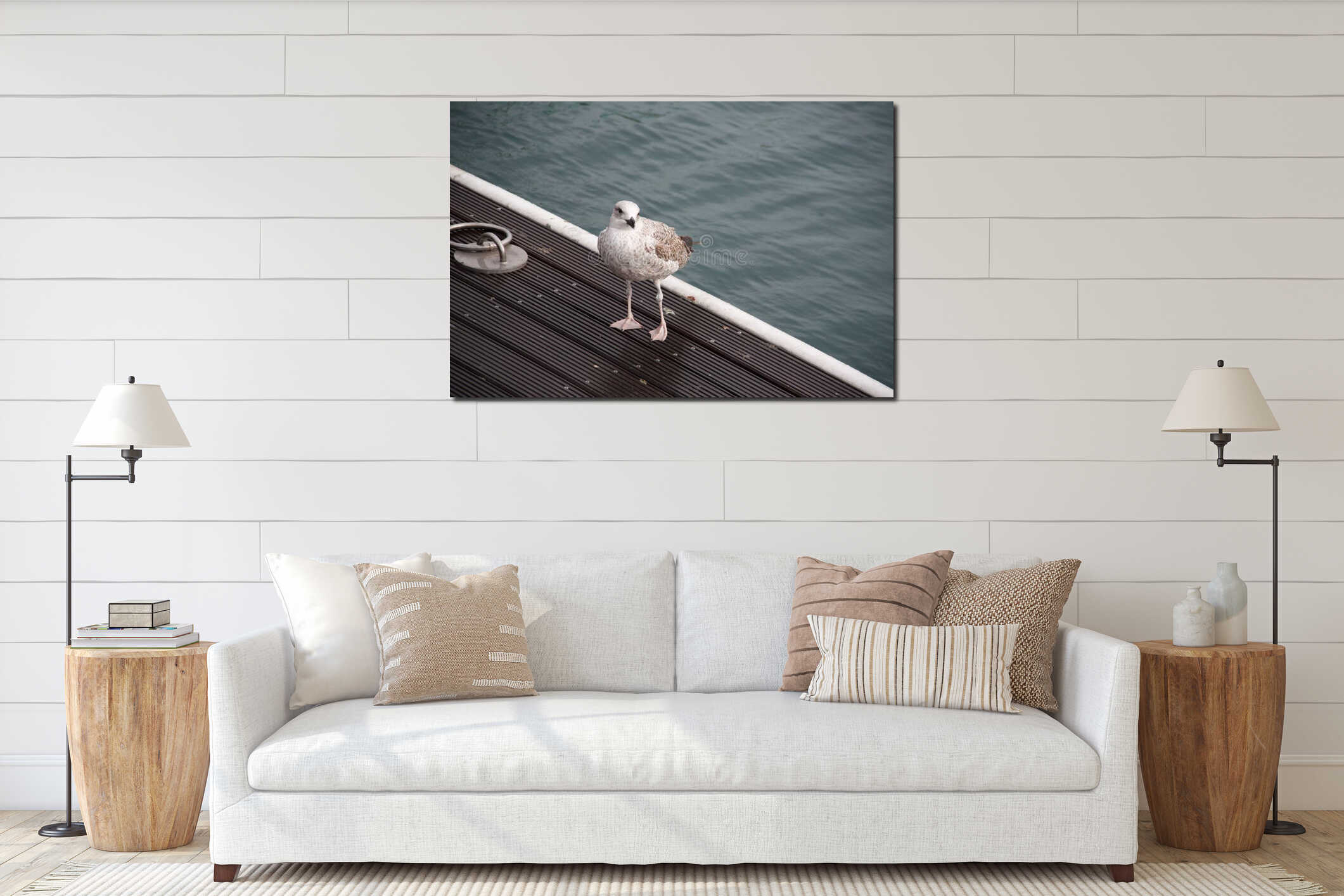Seagull standing on a wooden pier interior mockup