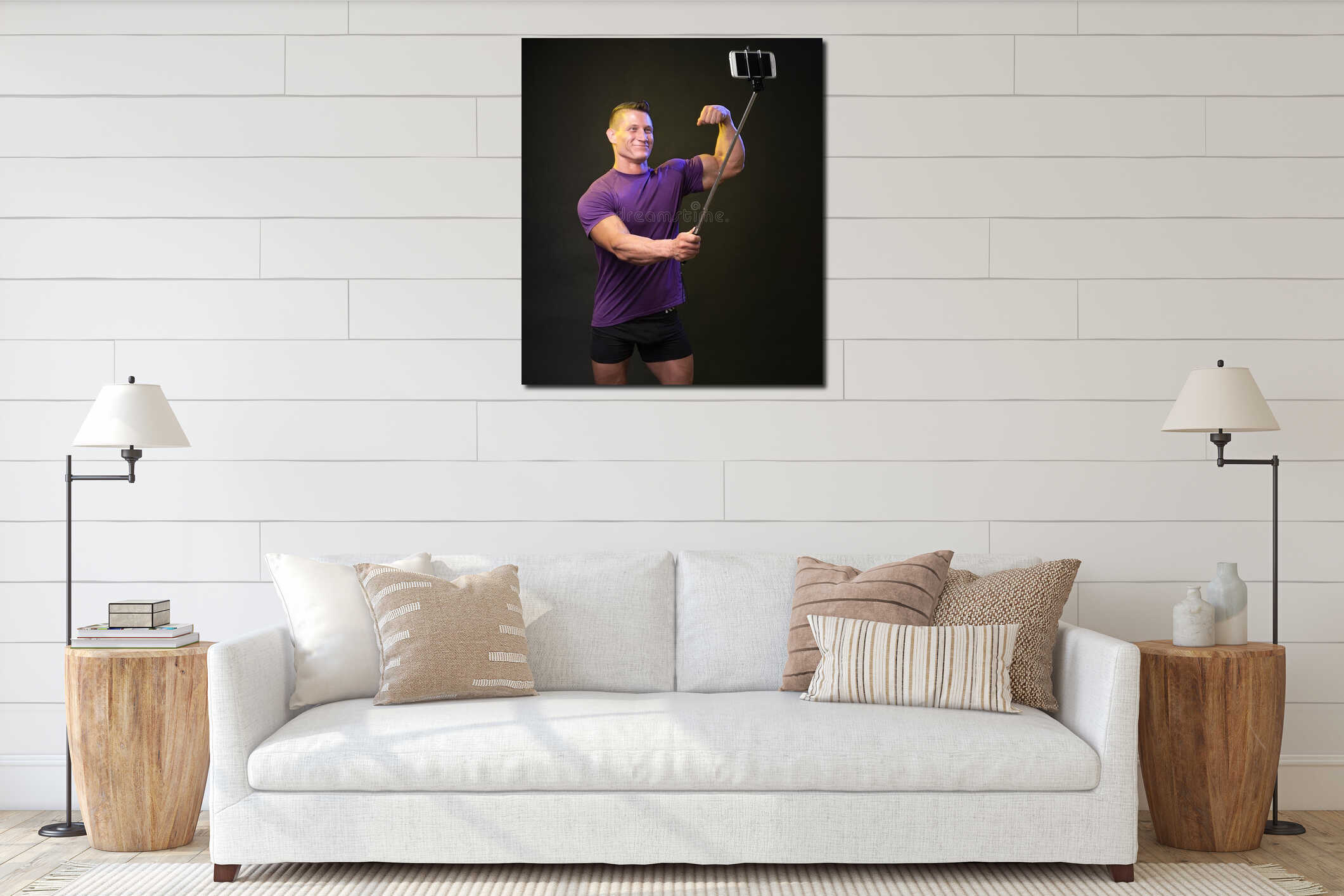 Happy man photographing himself on phone interior mockup