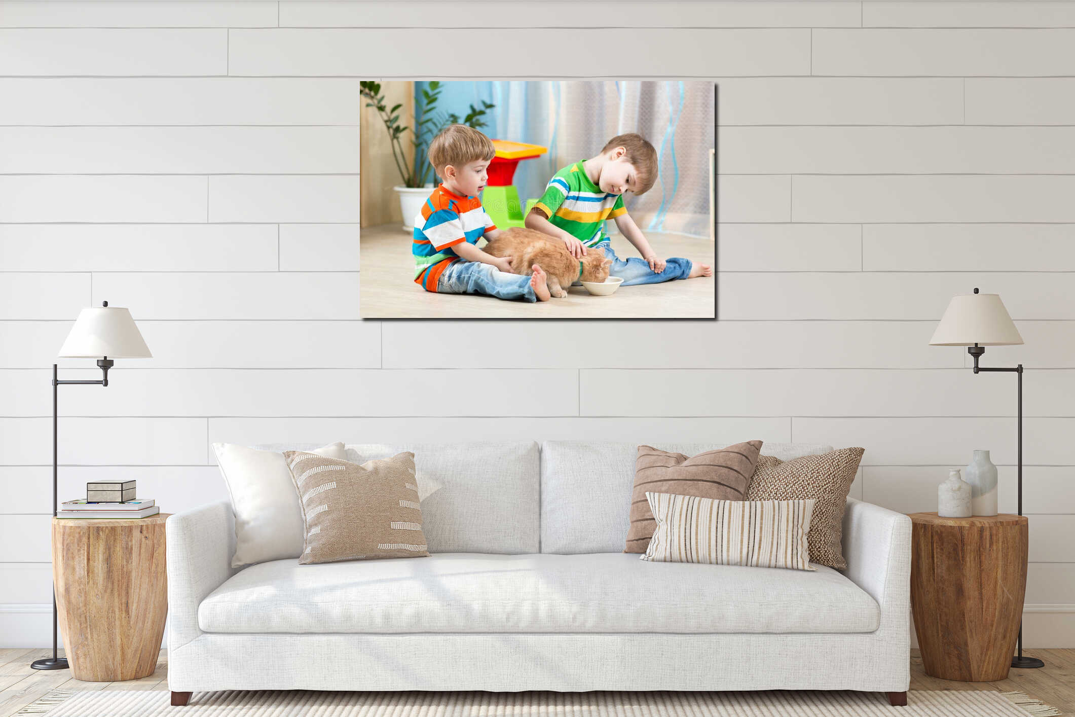 two kids feeding cat indoors interior mockup