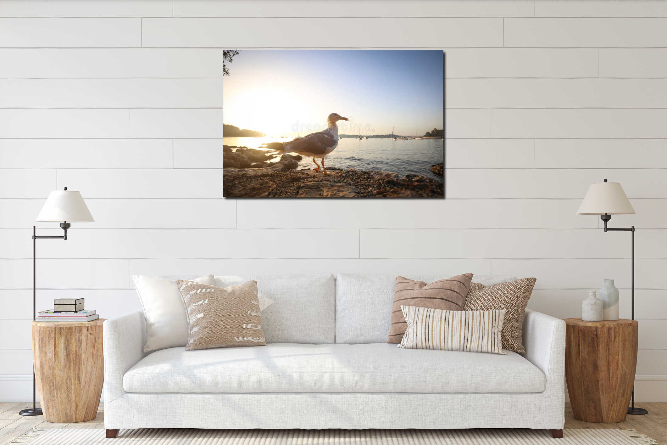 Seagull at sunset interior mockup