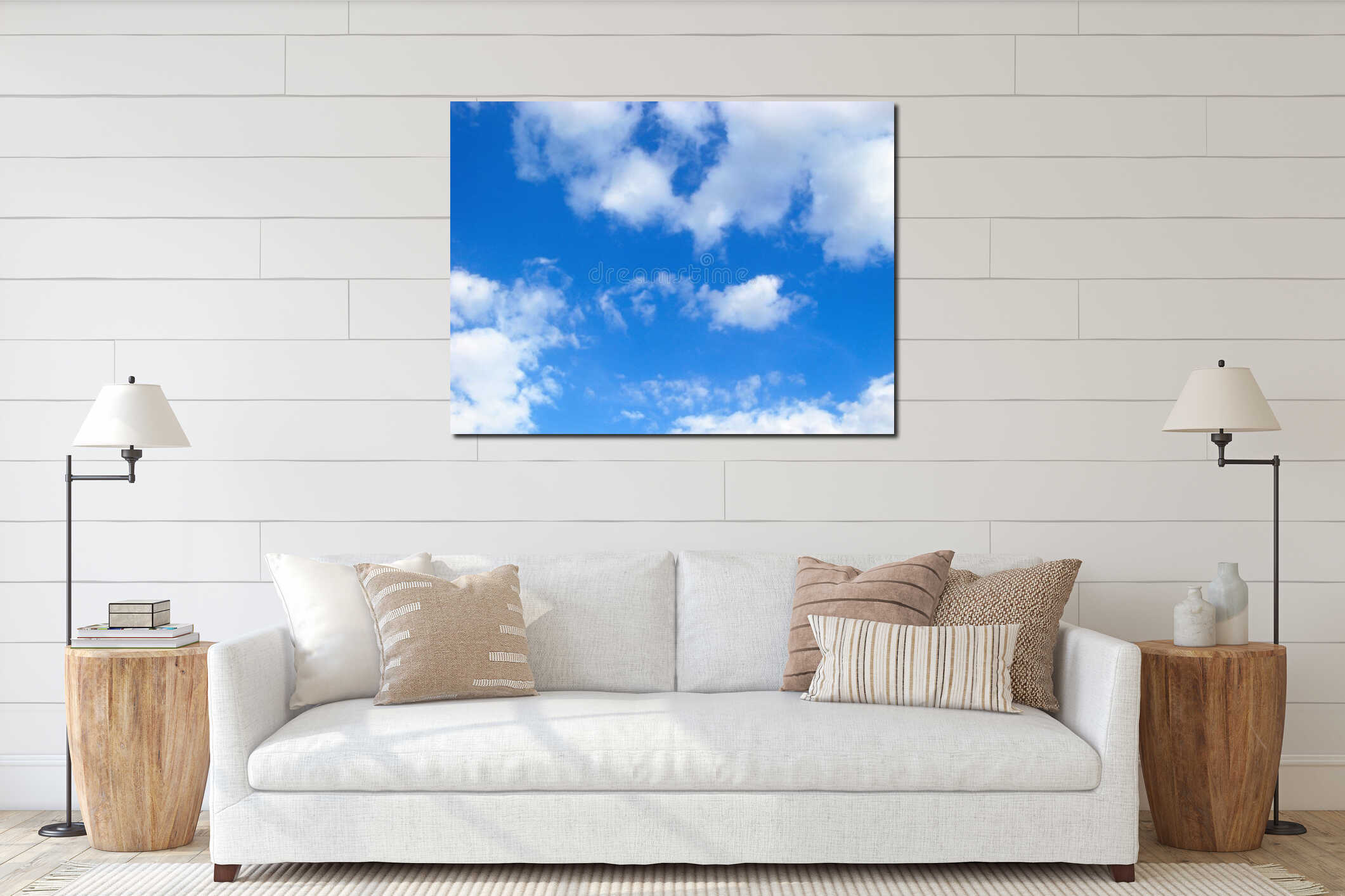 Beautiful blue cloudy sky interior mockup