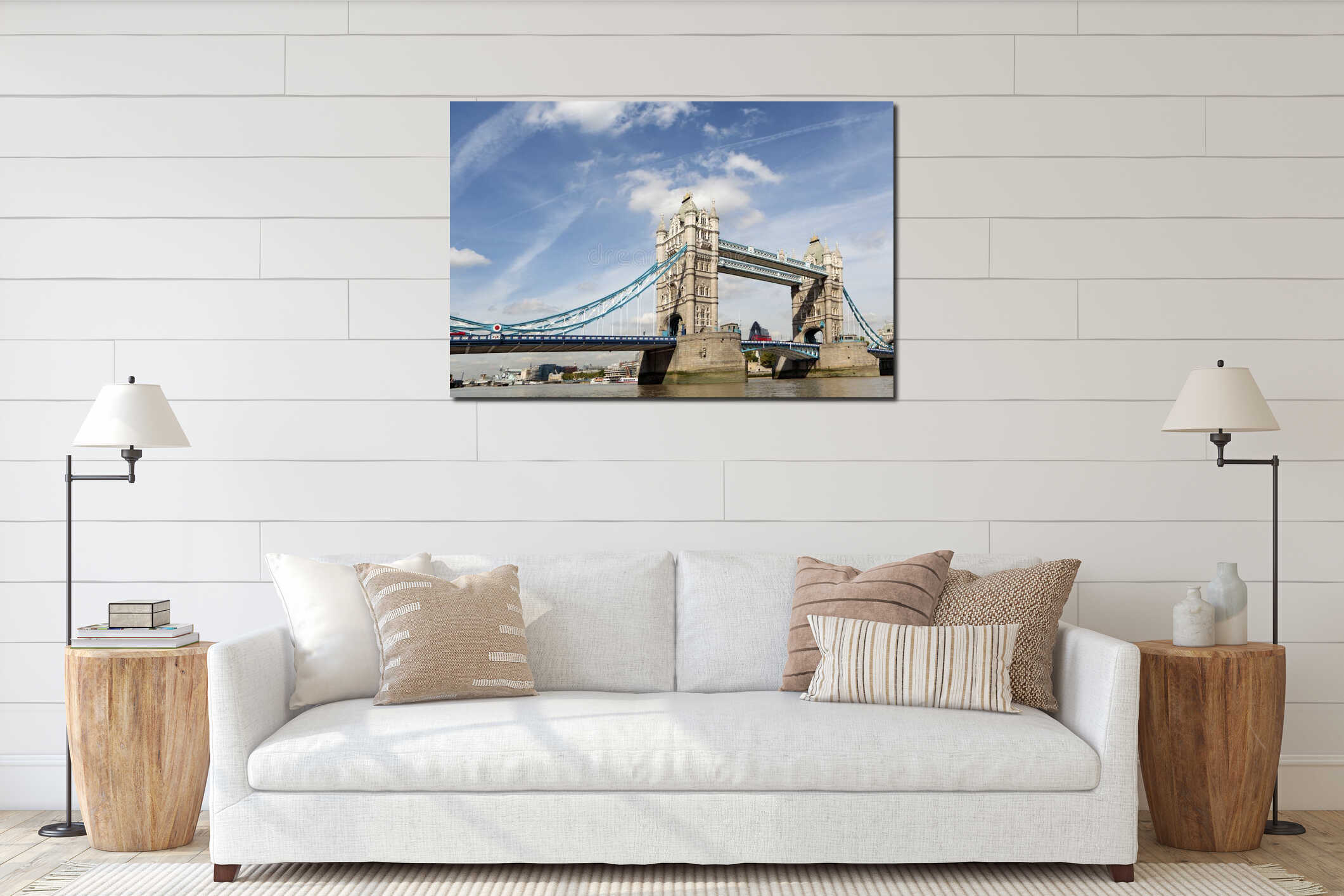London, UK, famous Tower Bridge River Thames landscape, financial district in background interior mockup