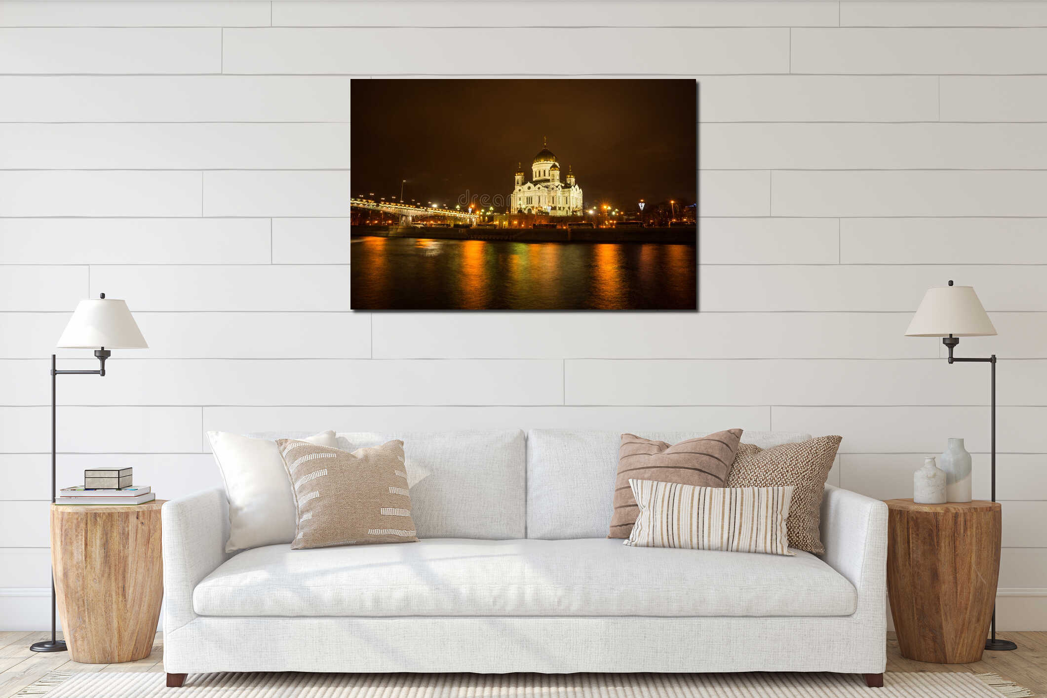 Scenic night view of the Cathedral of Christ the Savior across t interior mockup