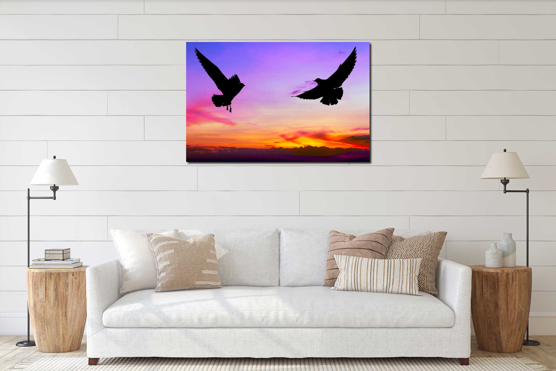 Silhouetted two seagull flying at sunset interior mockup