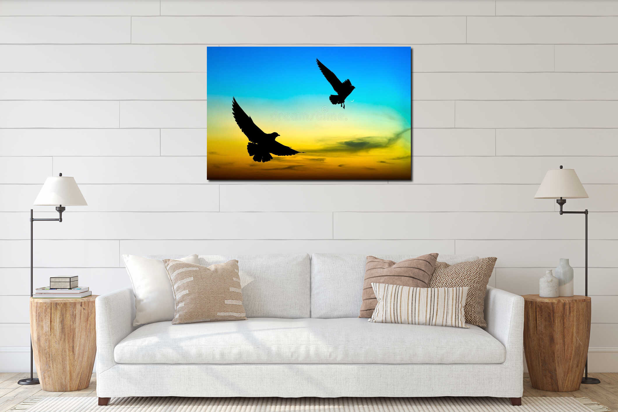 Silhouetted two seagull flying at sunset interior mockup