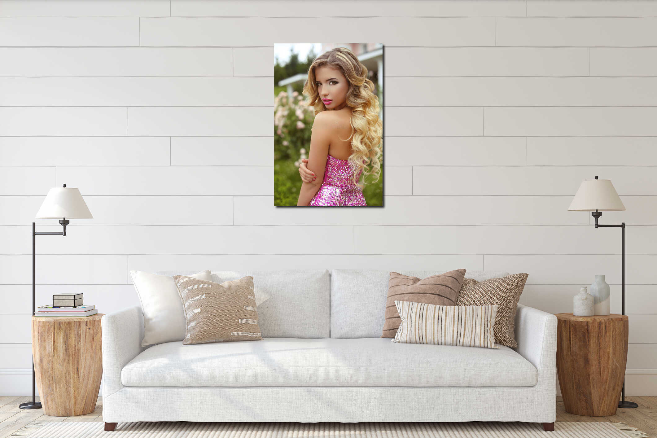 Makeup. Beautiful girl with blond long wavy hair posing in Fashi interior mockup